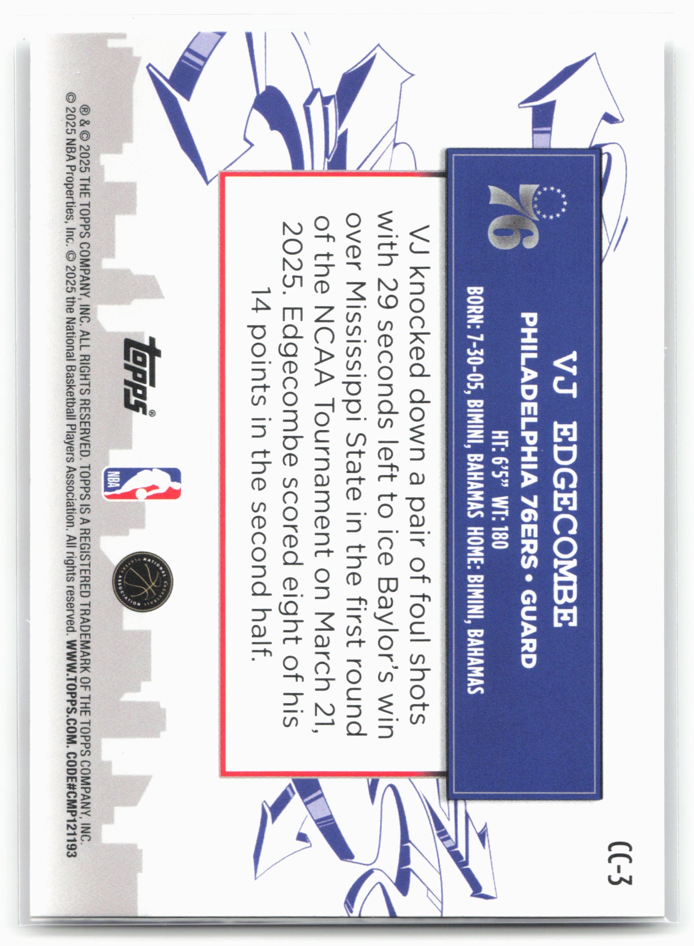 2025-26 Topps #CC-3 VJ Edgecombe Clutch City Prospects 25776