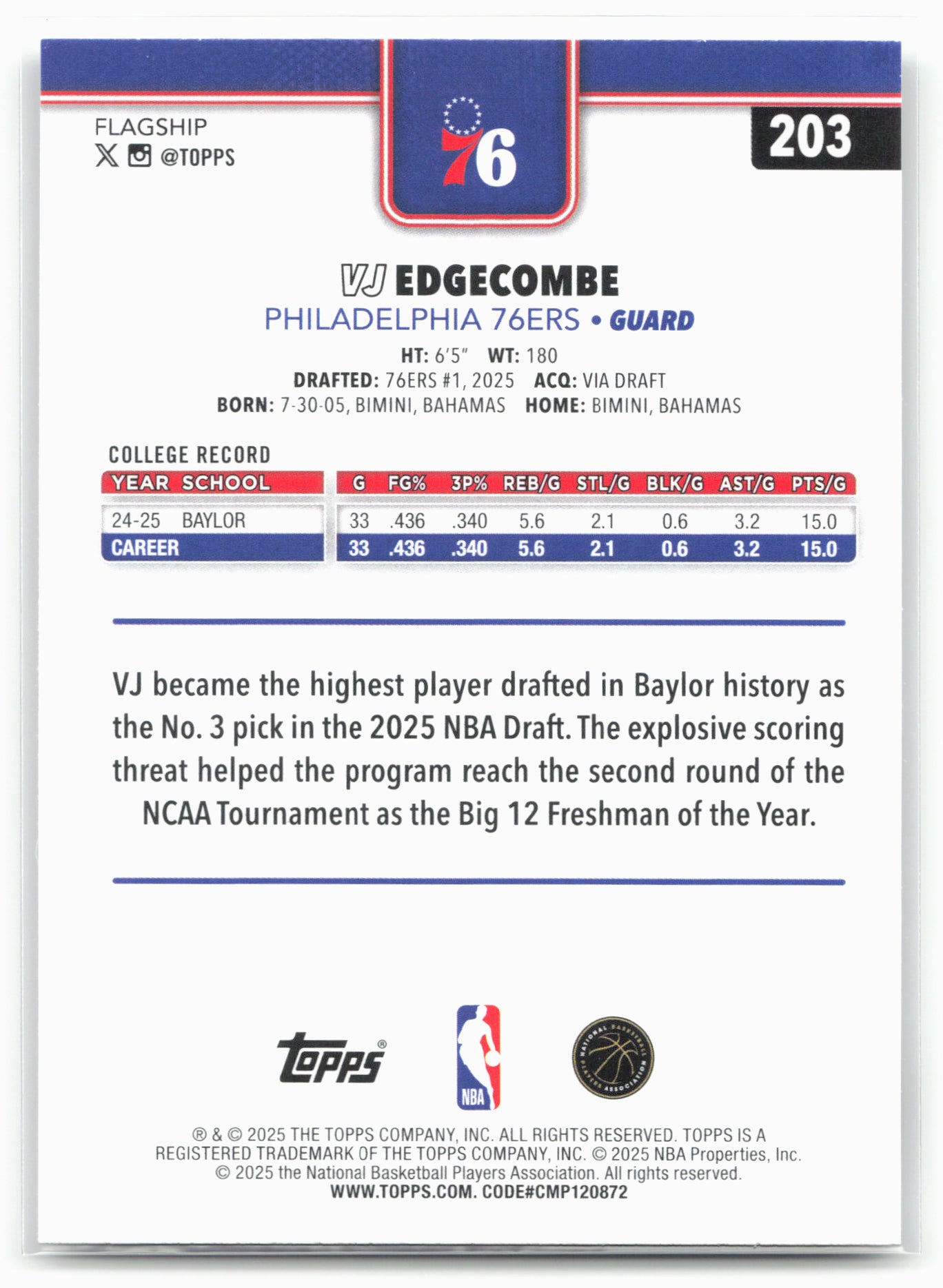 2025-26 Topps #203 VJ Edgecombe 25787