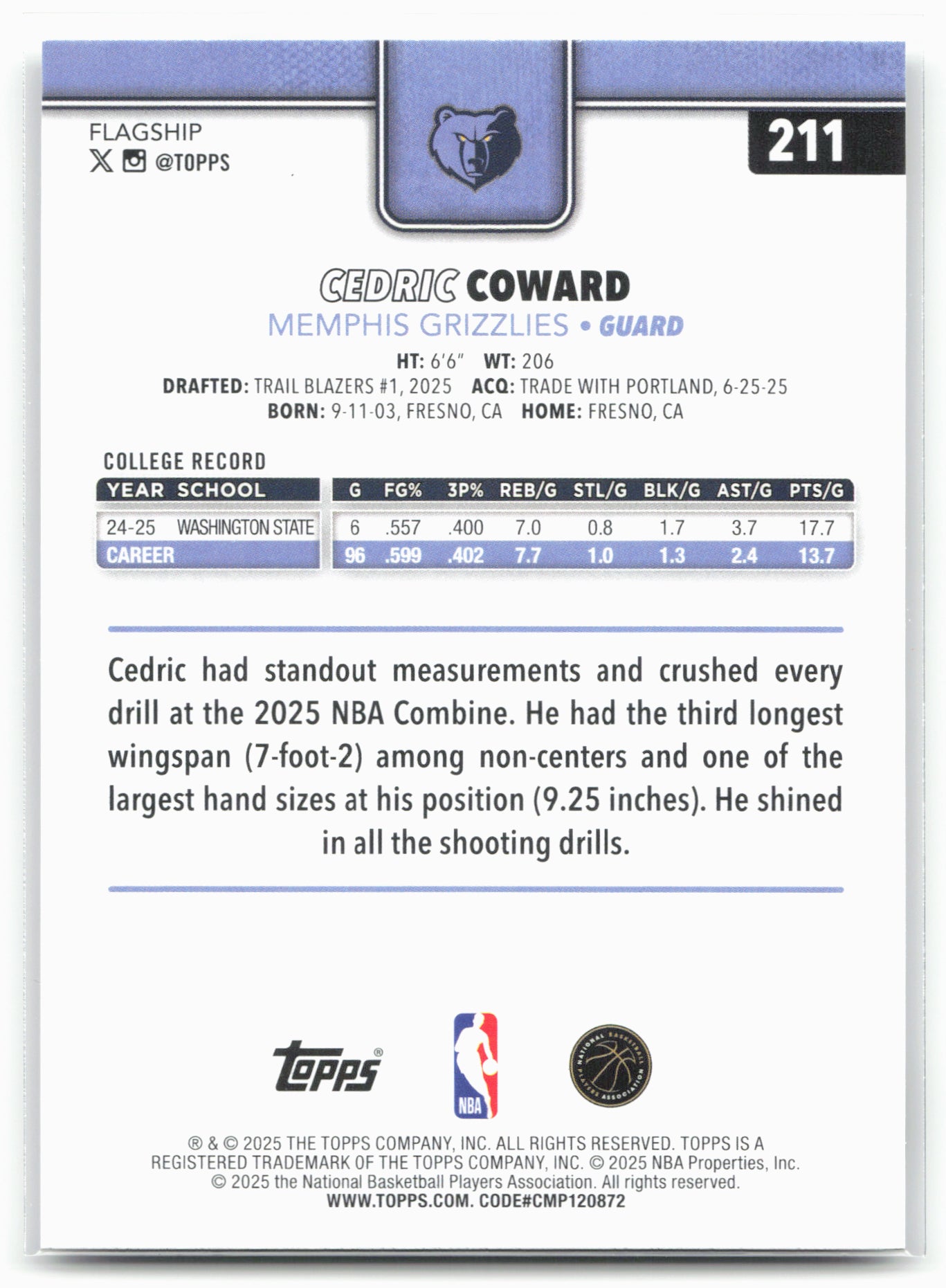 2025-26 Topps #211 Cedric Coward 25790