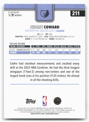 
2025-26 Topps #211 Cedric Coward 25790