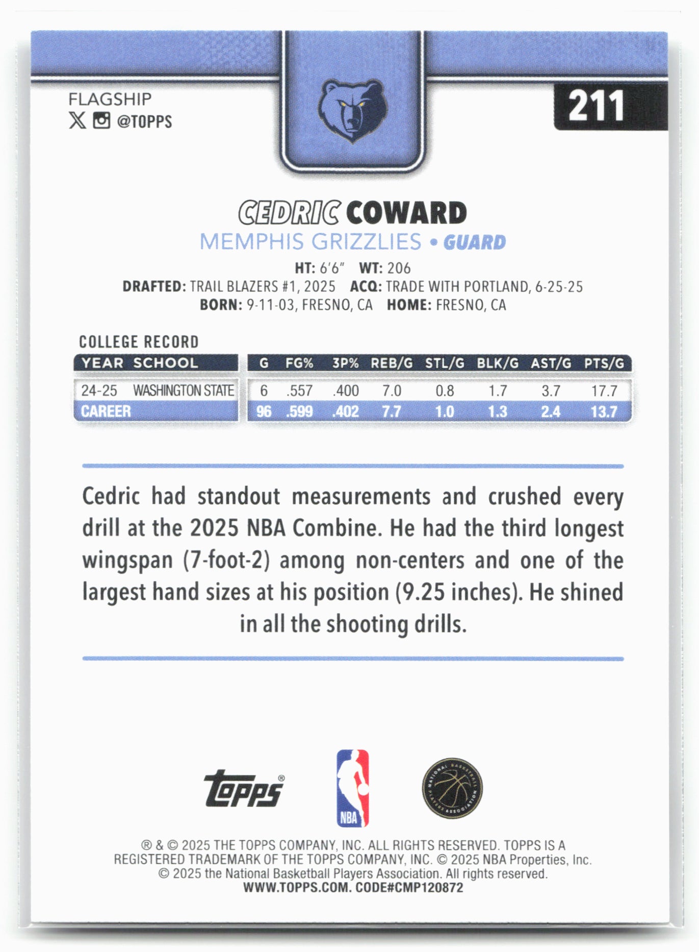 2025-26 Topps #211 Cedric Coward 25791