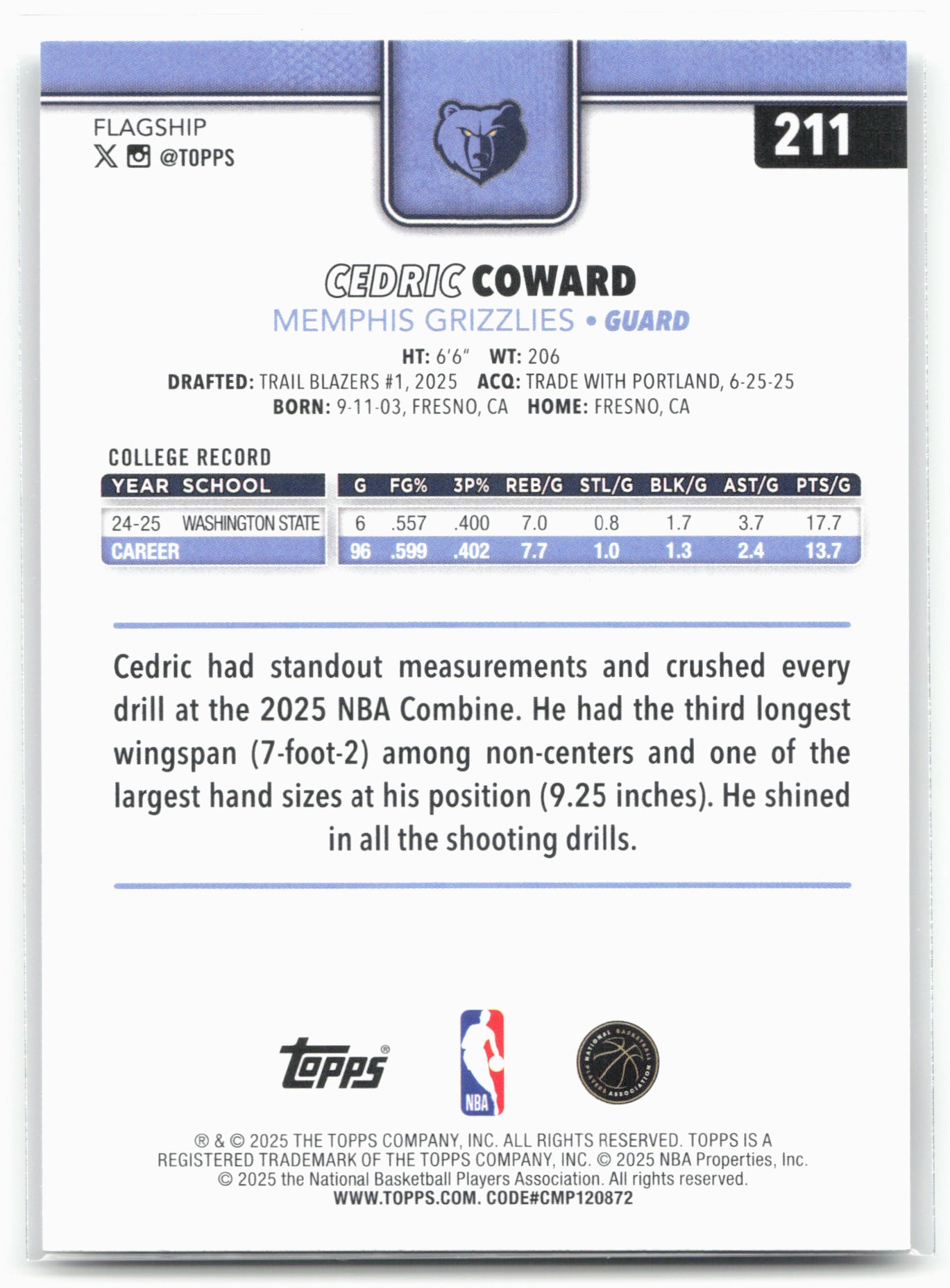 2025-26 Topps #211 Cedric Coward 25792