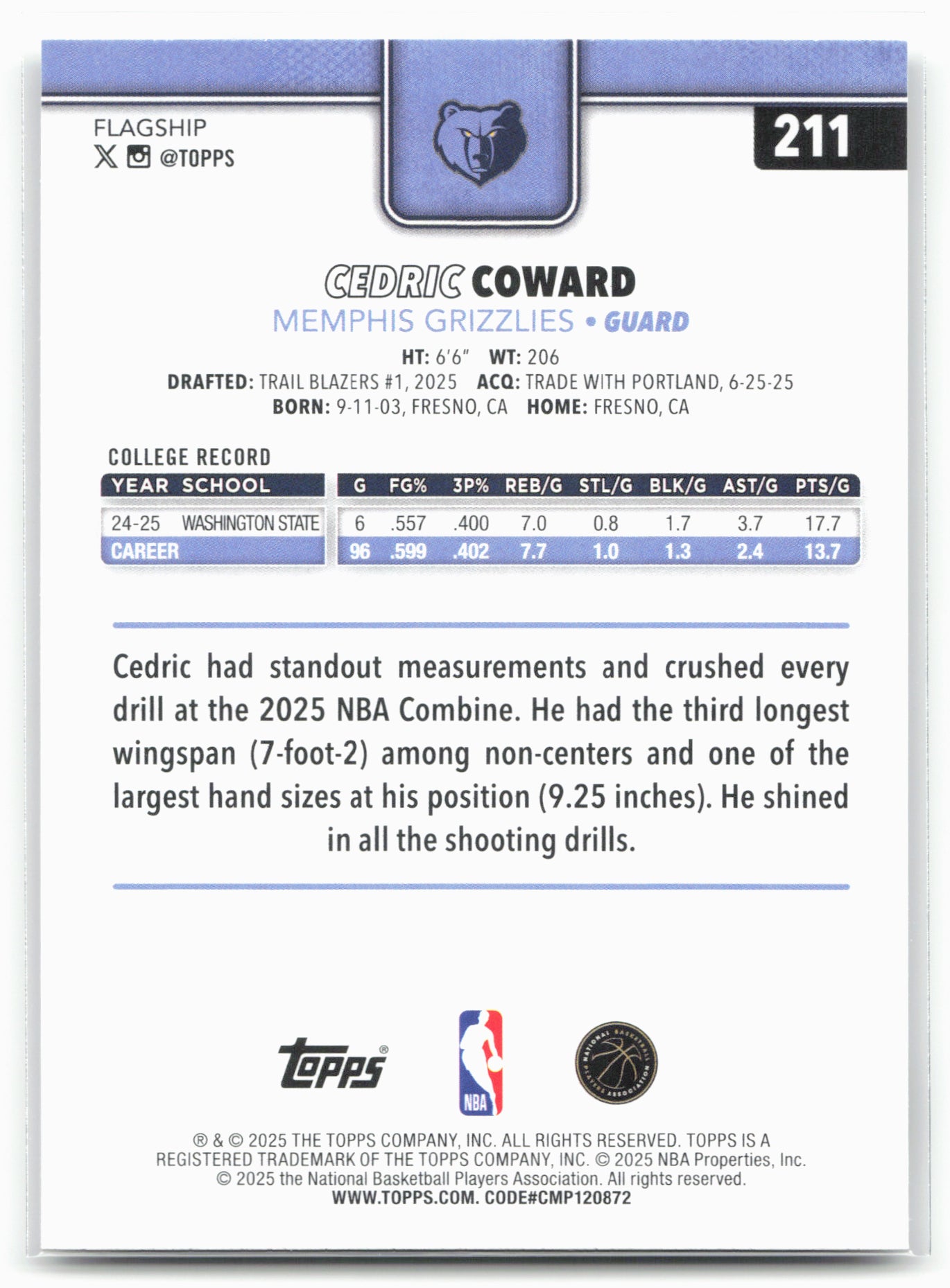 2025-26 Topps #211 Cedric Coward 25793