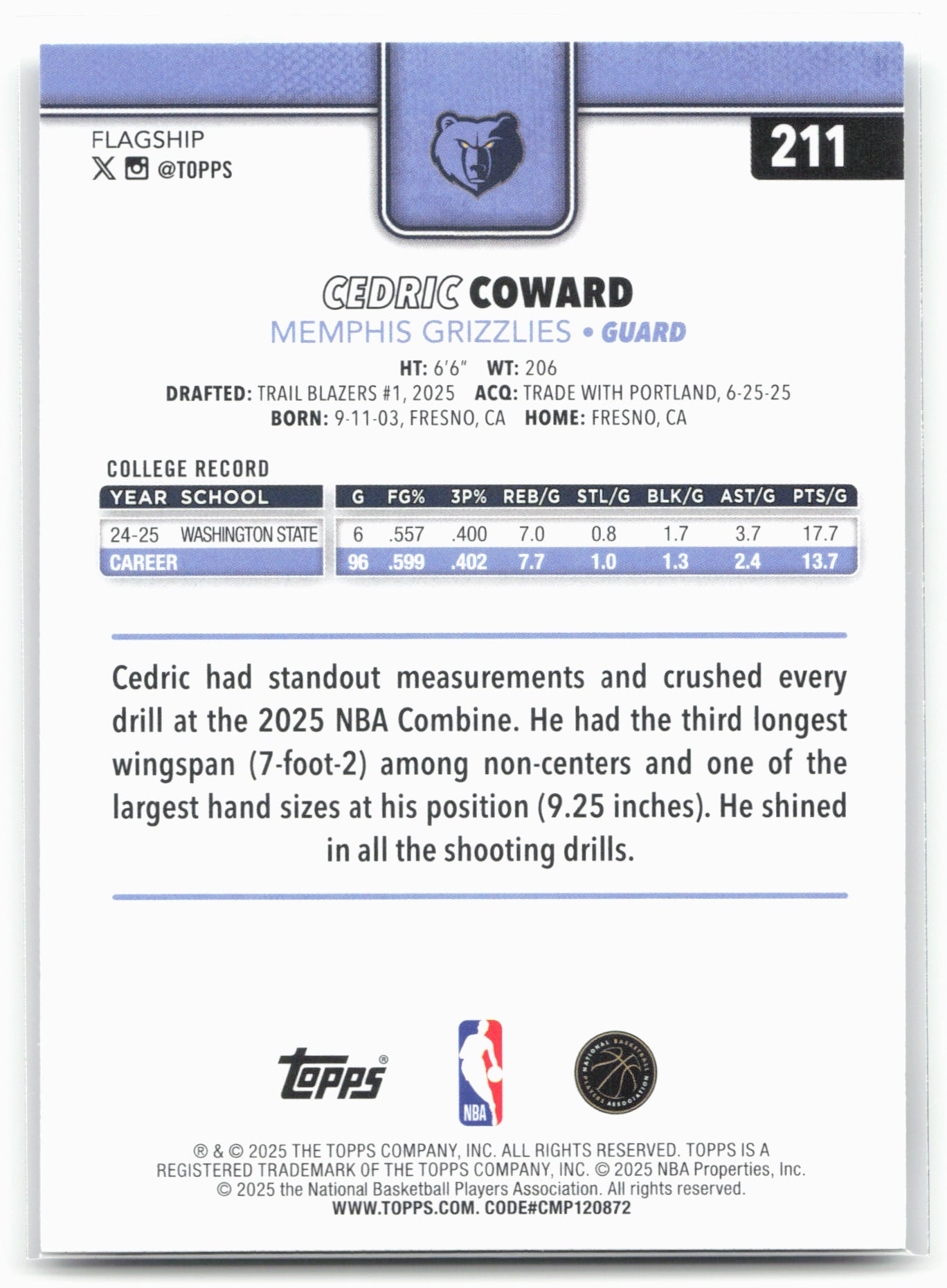 2025-26 Topps #211 Cedric Coward 25794