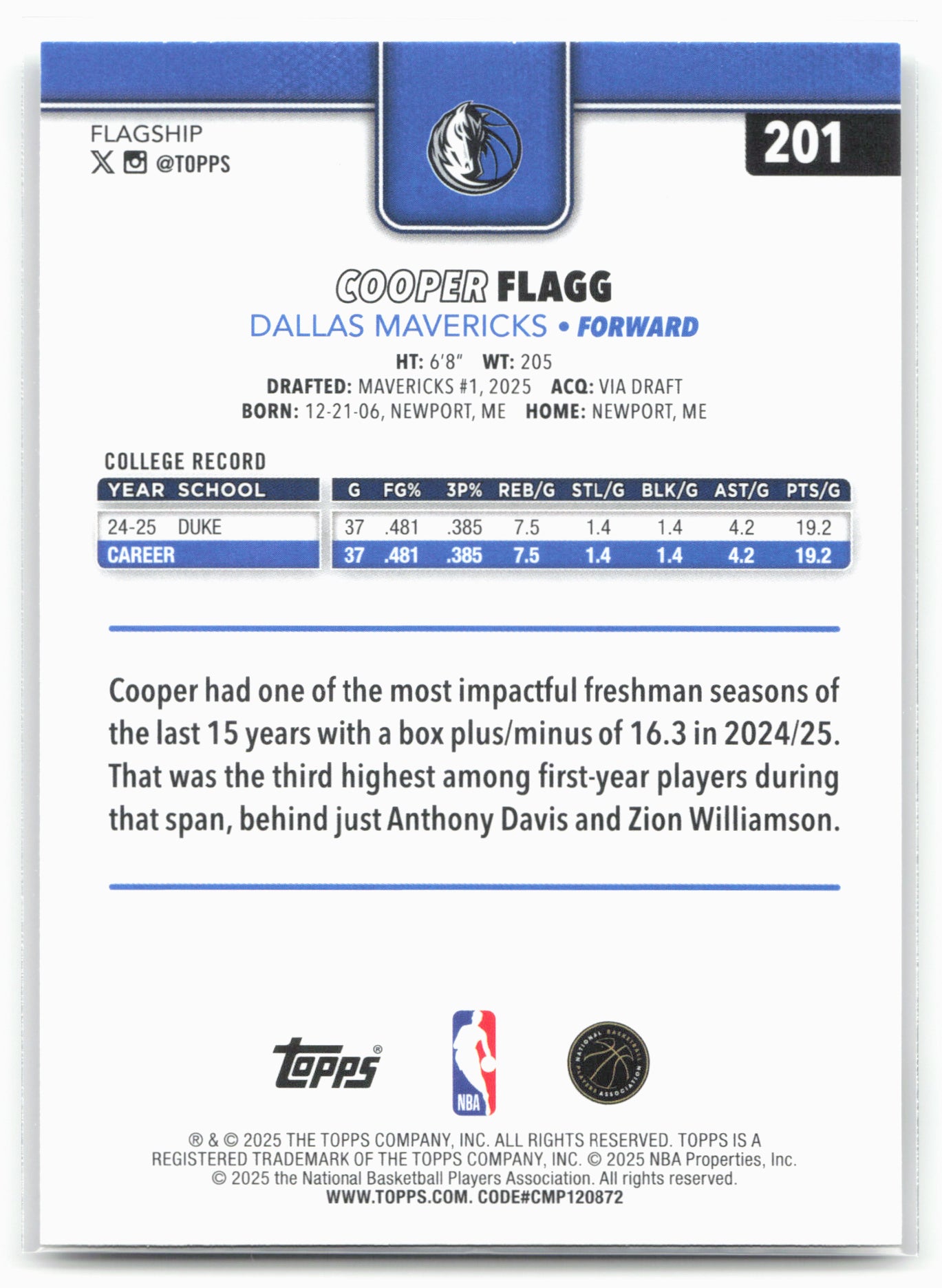2025-26 Topps #201 Cooper Flagg 25796