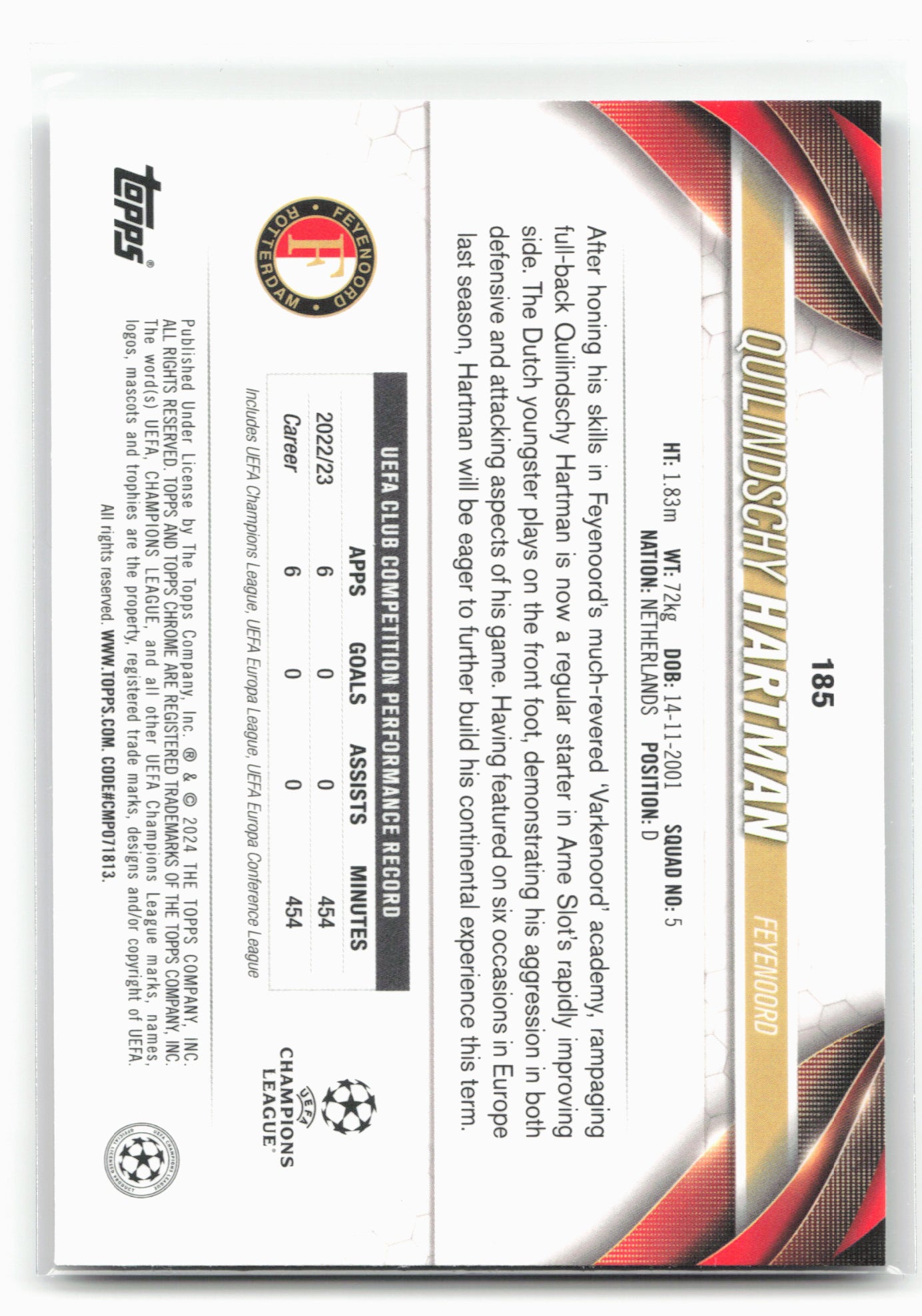 2023-24 Topps Chrome UEFA Club Competitions #185 Quil Hartman Prism Refractor