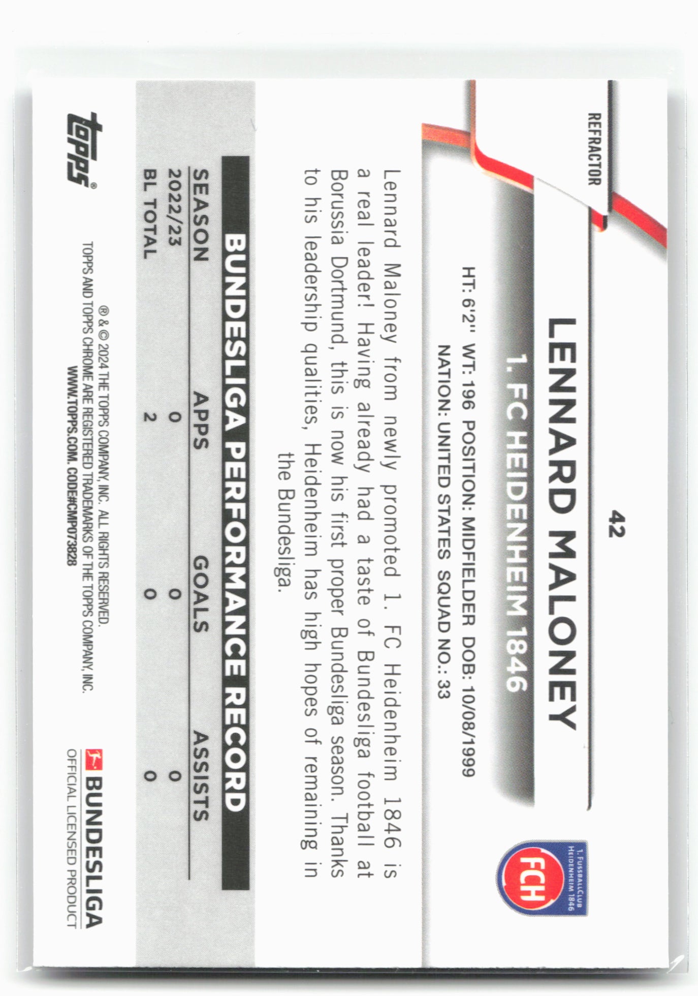 2023-24 Topps Chrome Bundesliga #42 Lennard Maloney Refractor
