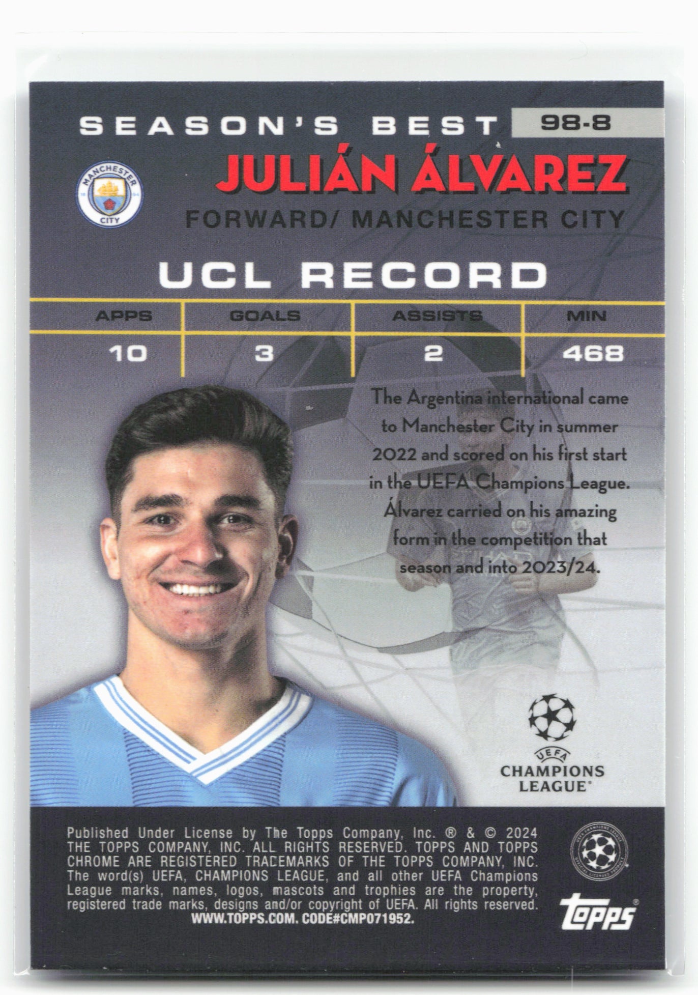 2023-24 Topps Chrome UEFA Club Competitions #98-8 Julián Álvarez 1998 Stars