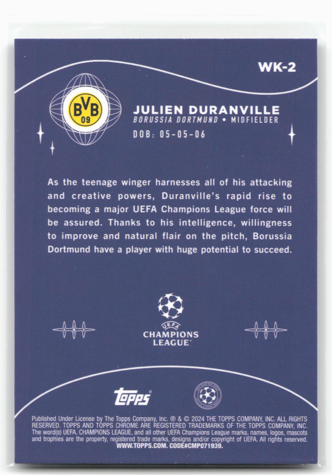 2023-24 Topps Chrome UEFA Club Competitions #WK-2 Julien Duranville Wonderkids