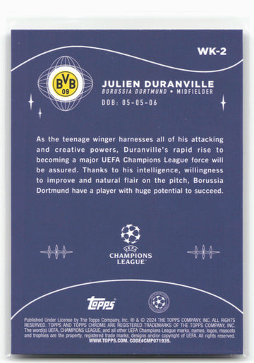 
2023-24 Topps Chrome UEFA Club Competitions #WK-2 Julien Duranville Wonderkids