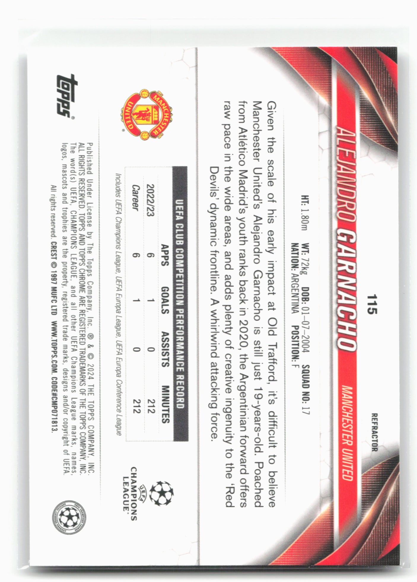 2023-24 Topps Chrome UEFA Club Competitions #115 Alejandro Garnacho Refractor