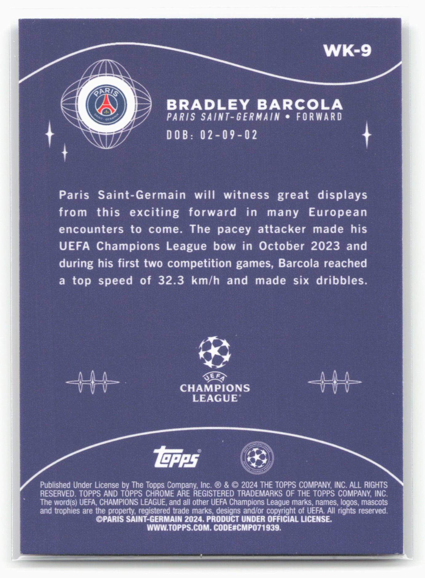 2023-24 Topps Chrome UEFA Club Competitions #WK-9 Bradley Barcola Wonderkids