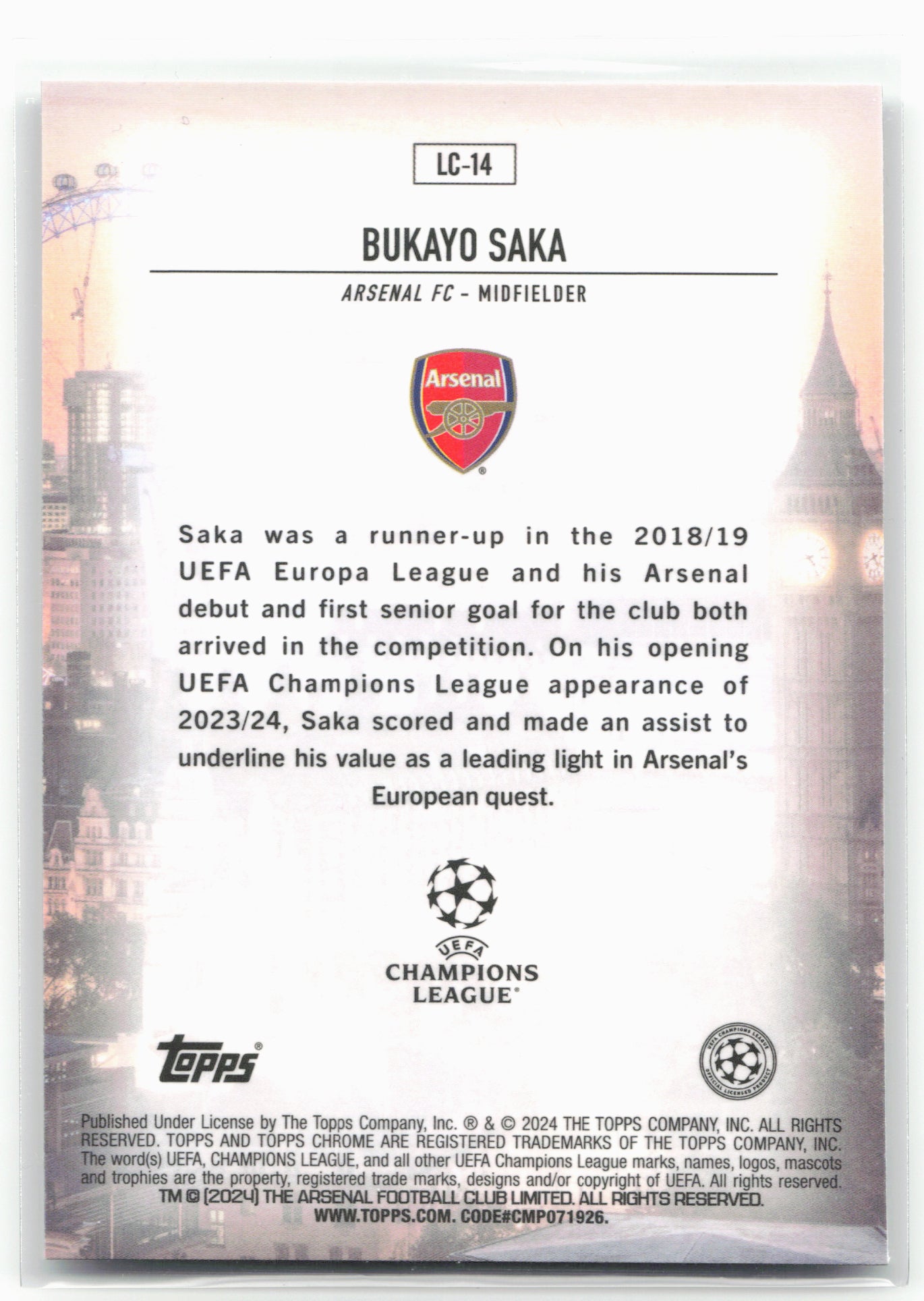 2023-24 Topps Chrome UEFA Club Competitions #LC-14 Bukayo Saka London Calling