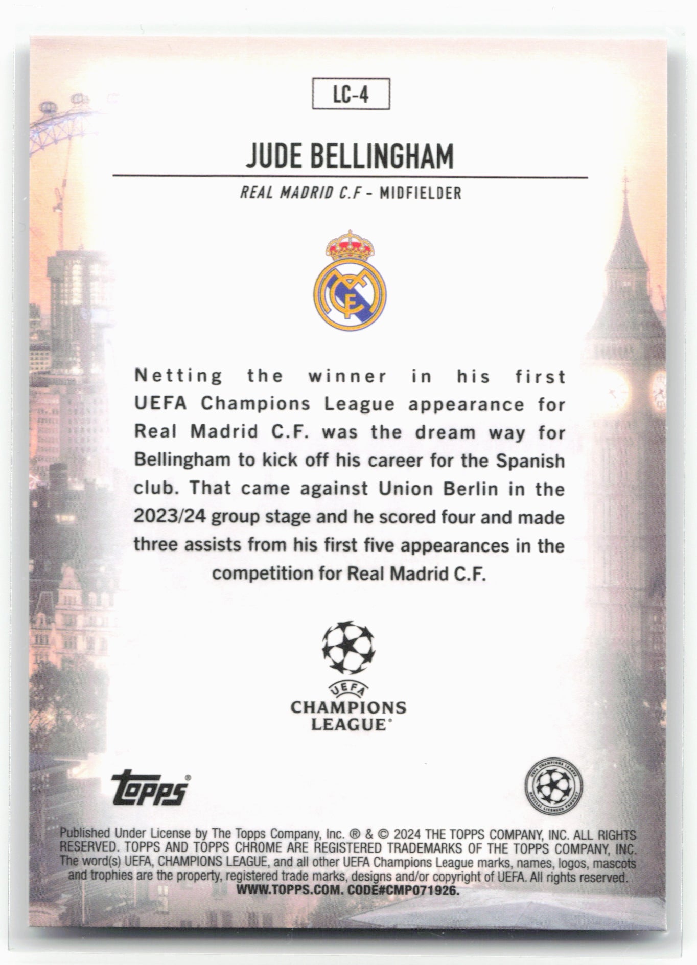 2023-24 Topps Chrome UEFA Club Competitions #LC-4 Jude Bellingham London Calling