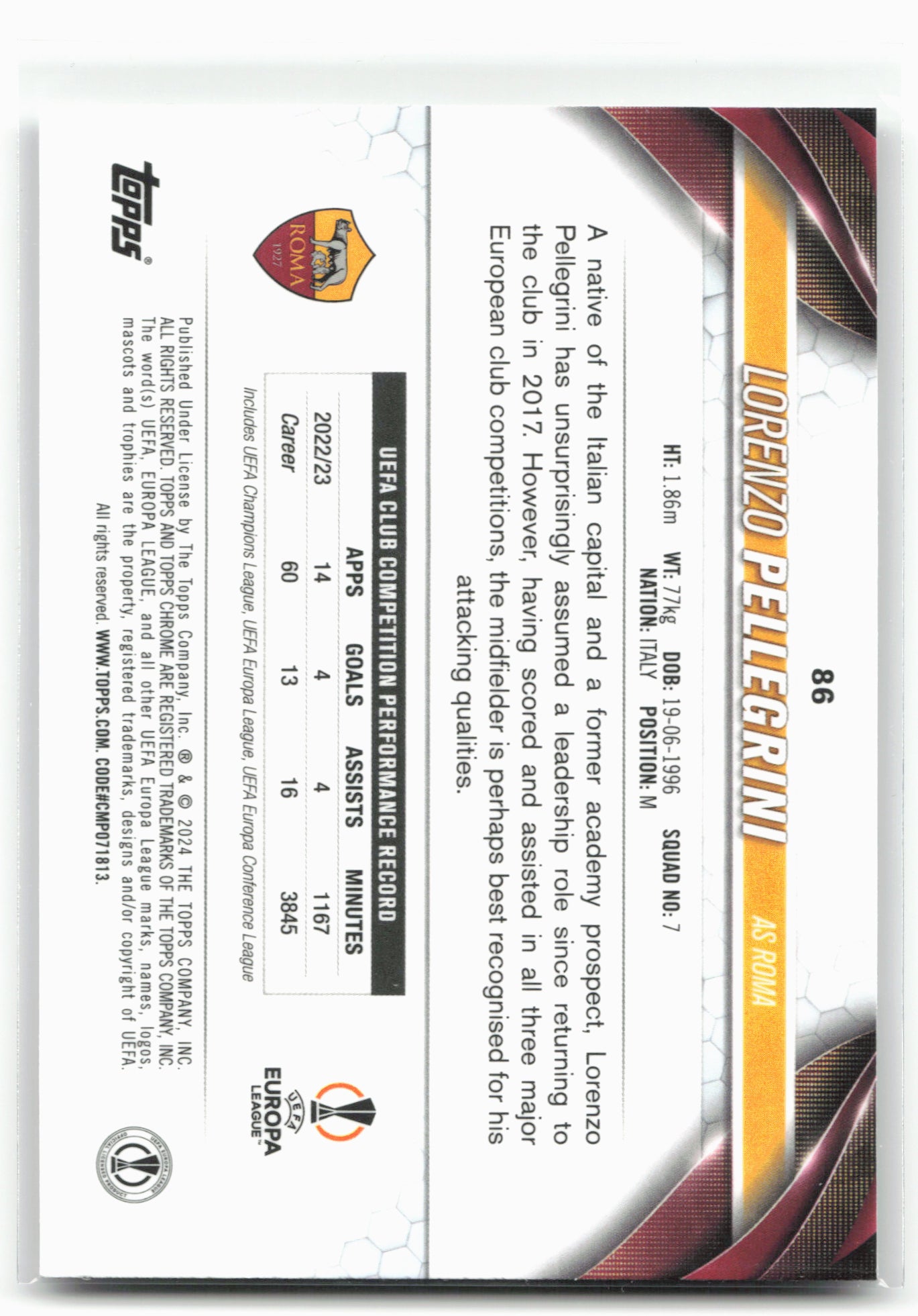 2023-24 Topps Chrome UEFA Club Competitions #86 Lorenzo Pellegrini Pulsar