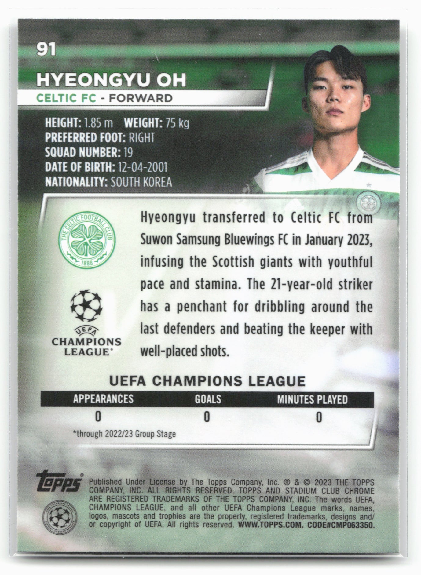 2022-23 Stadium Club Chrome UEFA Club Competitions #91 Hyeongyu Oh