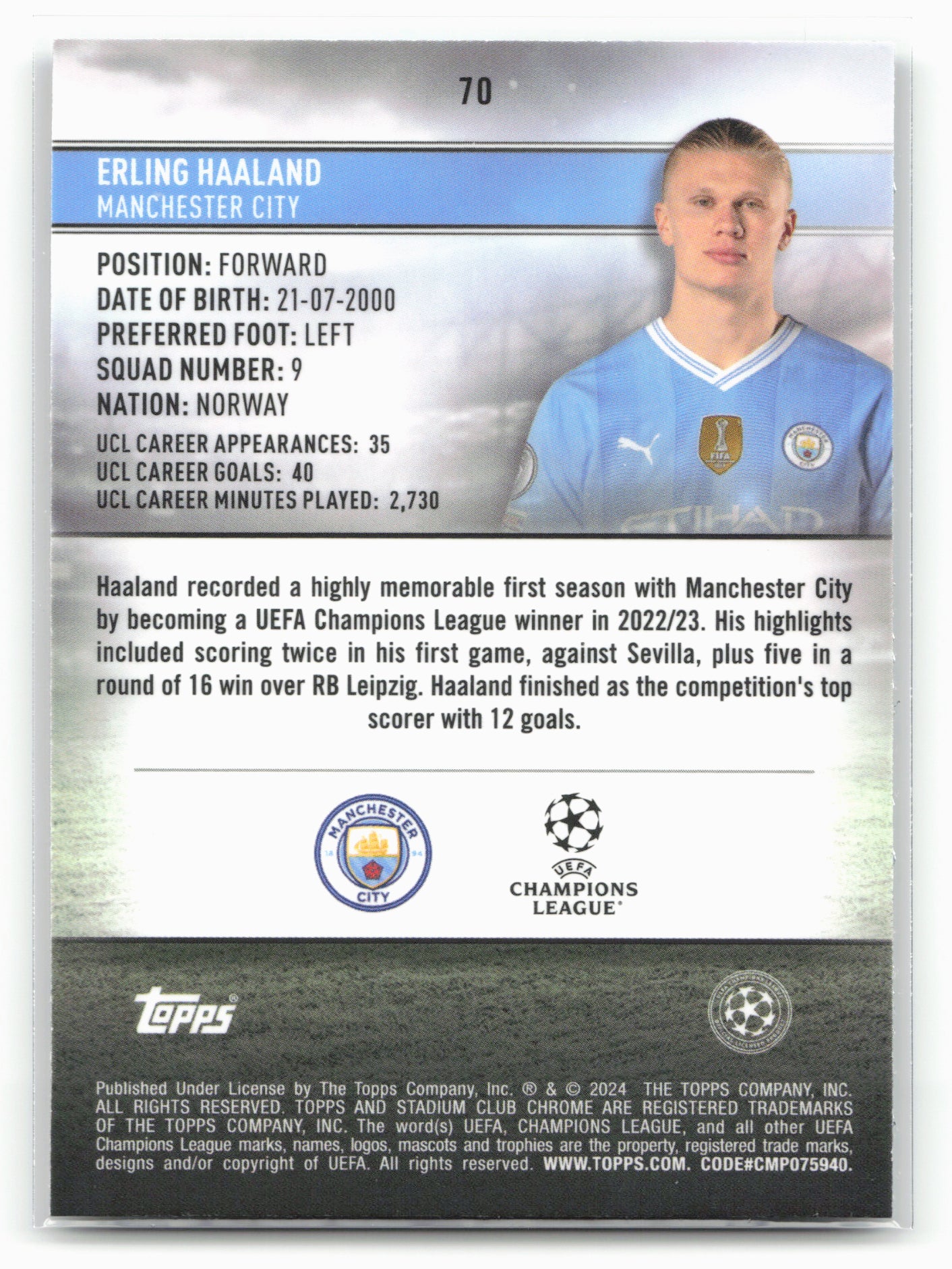 2023-24 Stadium Club Chrome UEFA Champions League #70 Erling Haaland