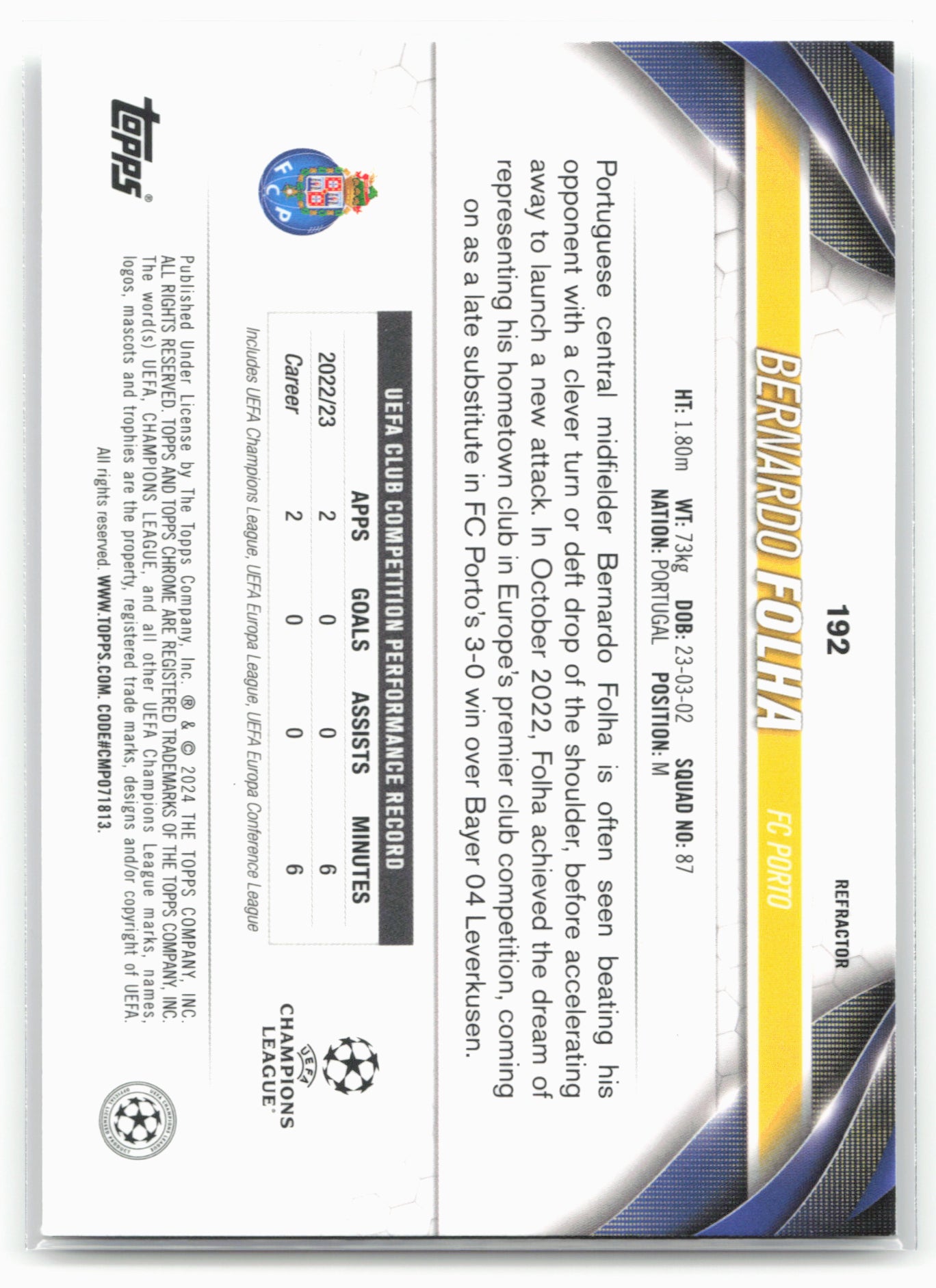 2023-24 Topps Chrome UEFA Club Competitions #192 Bernardo Folha Refractor