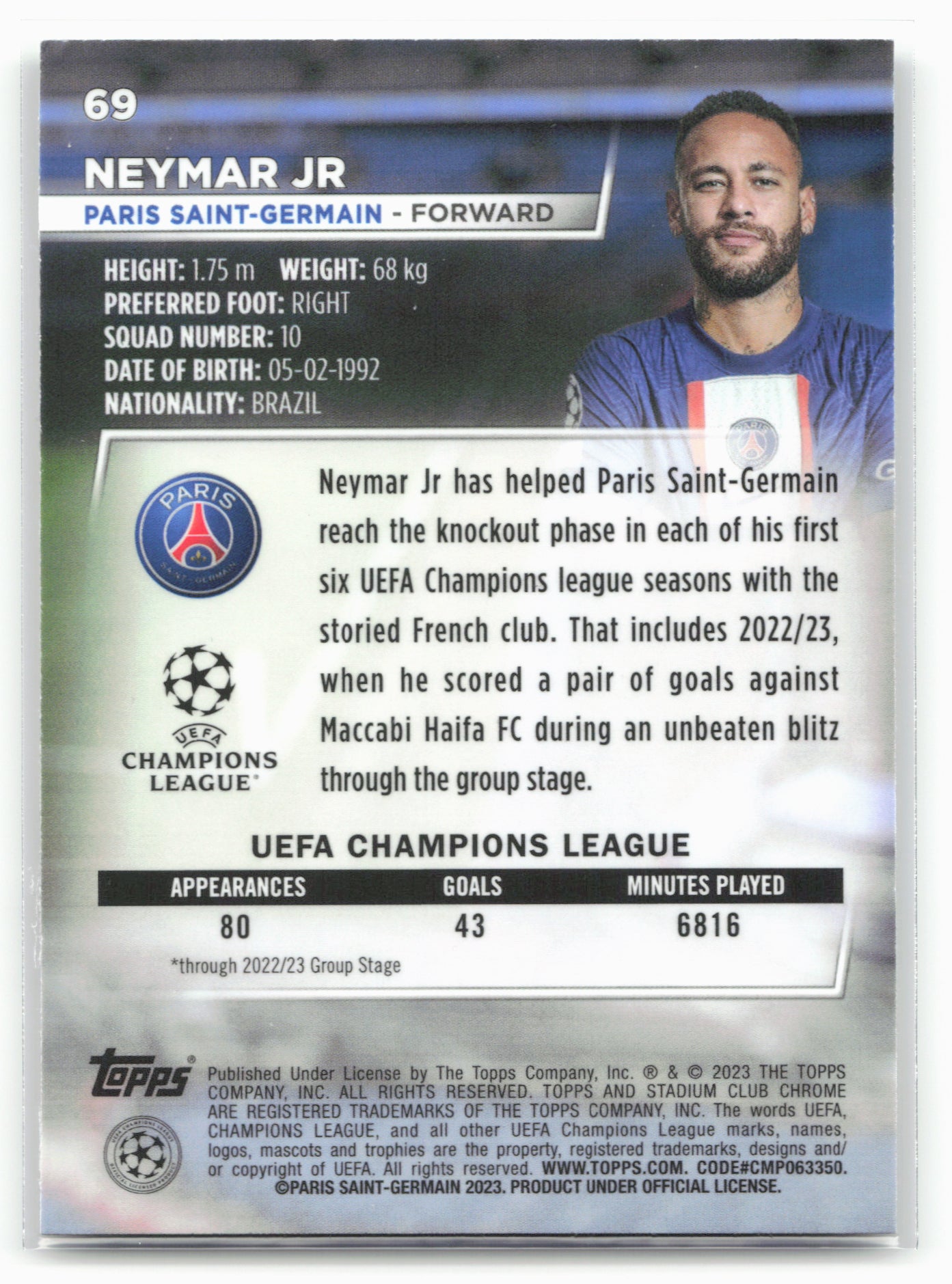2022-23 Stadium Club Chrome UEFA Club Competitions #69 Neymar Jr