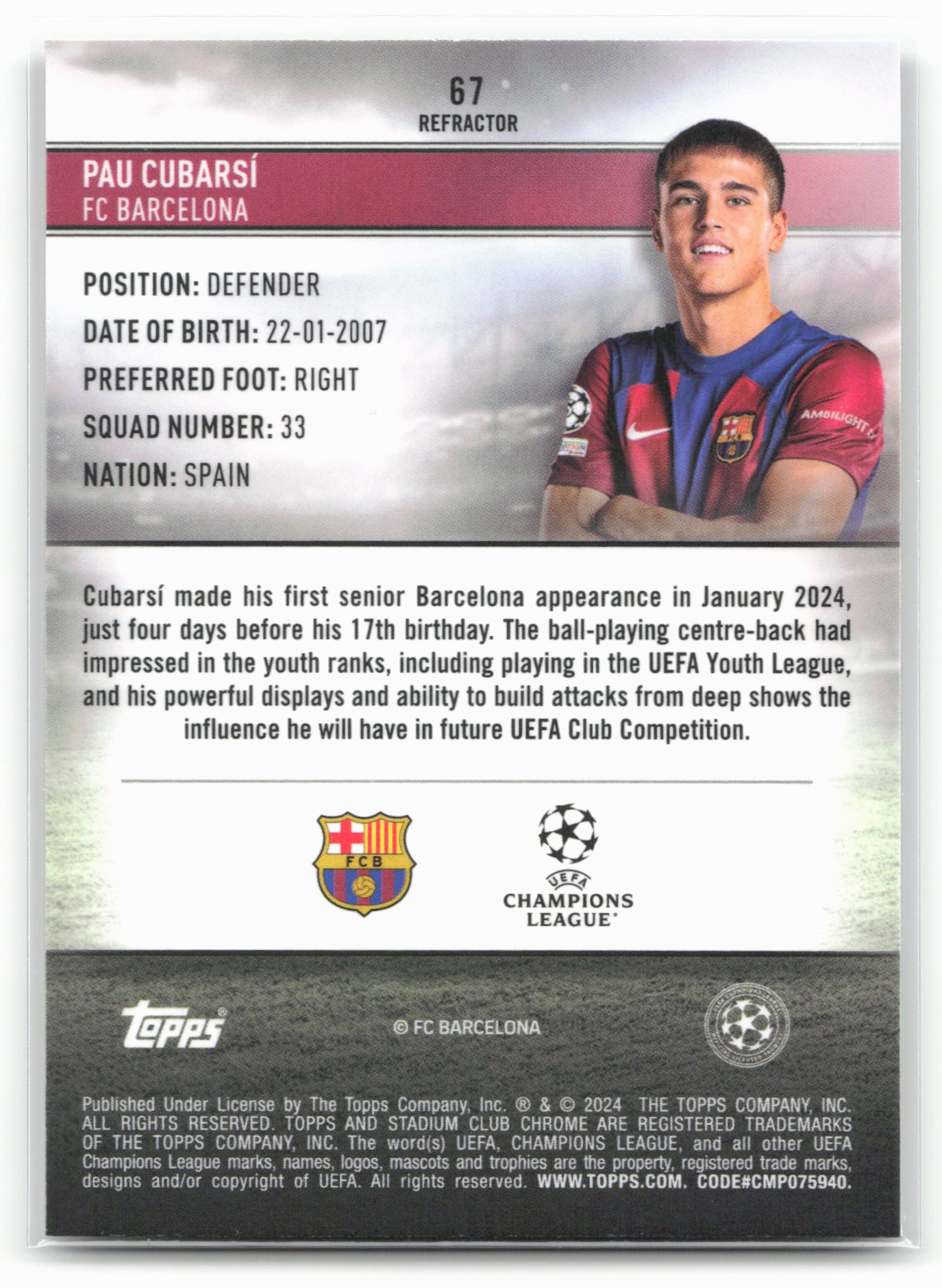2023-24 Stadium Club Chrome UEFA Champions League #67 Pau Cubarsí Refractor