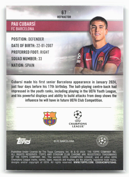 2023-24 Stadium Club Chrome UEFA Champions League #67 Pau Cubarsí Refractor