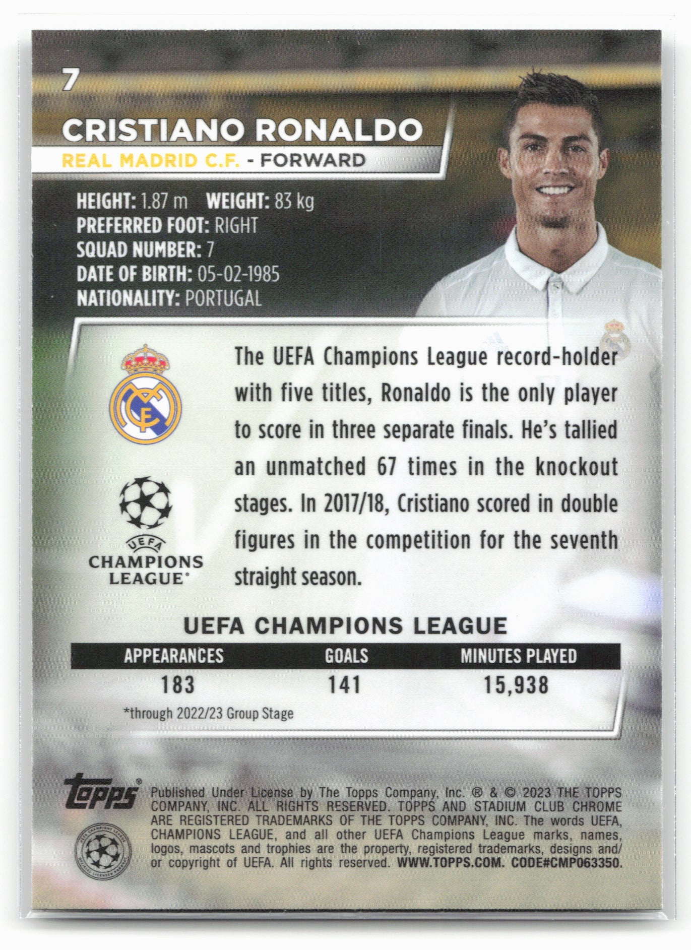 2022-23 Stadium Club Chrome UEFA Club Competitions #7 Cristiano Ronaldo
