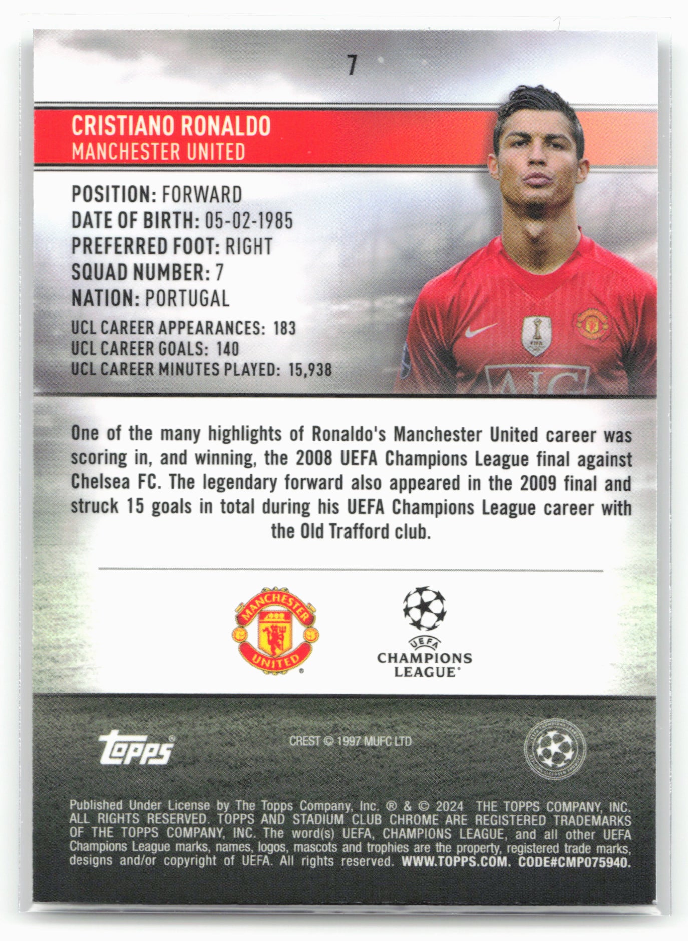 2023-24 Stadium Club Chrome UEFA Champions League #7 Cristiano Ronaldo