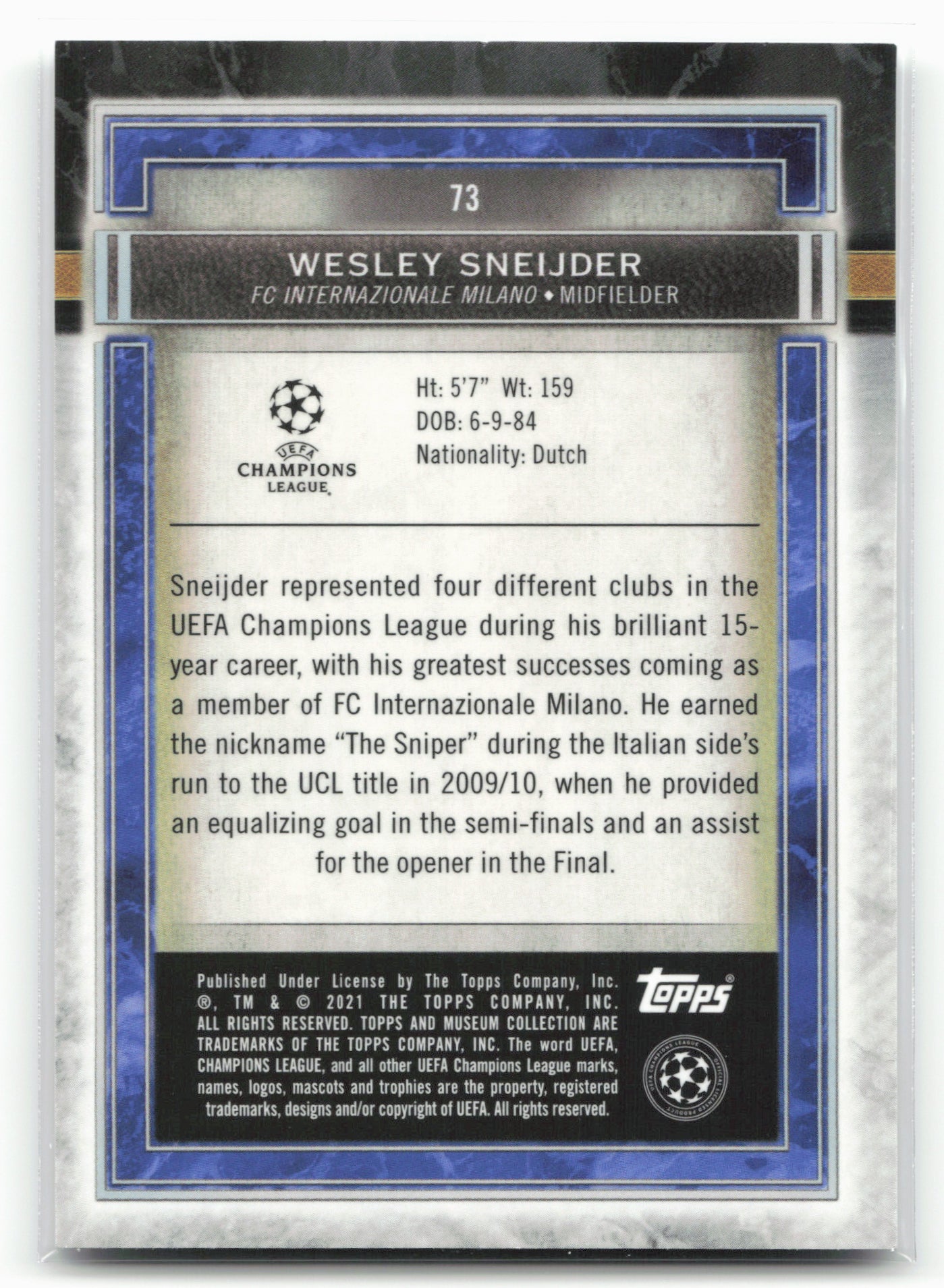 2020-21 Topps Museum Collection UEFA Champions League #73 Wesley Sneijder