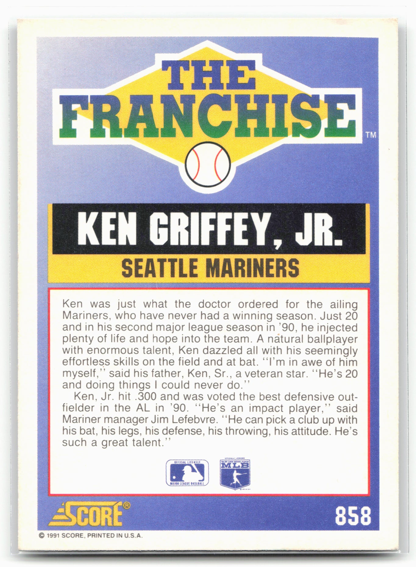 1991 Score #858 Ken Griffey, Jr.