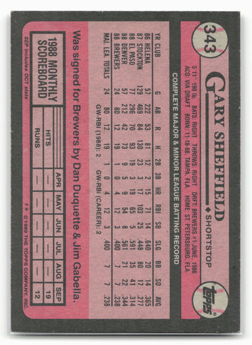 1989 Topps #343b Gary Sheffield : Larger gap between hat and Future Stars header