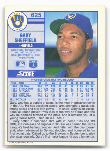 1989 Score #625 Gary Sheffield