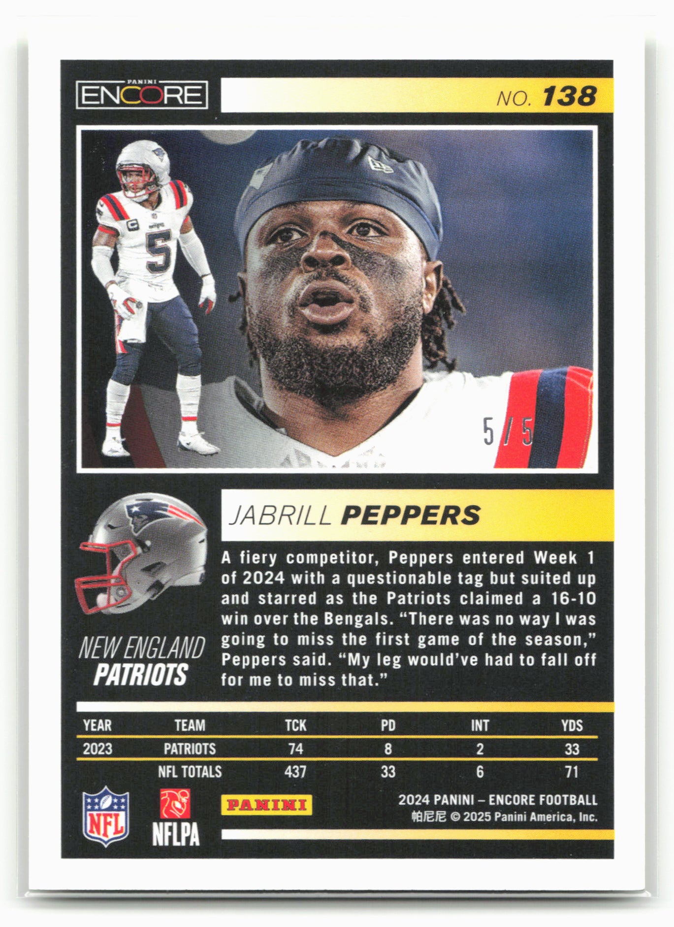 2024 Panini Encore #138 Jabrill Peppers Neon #/5