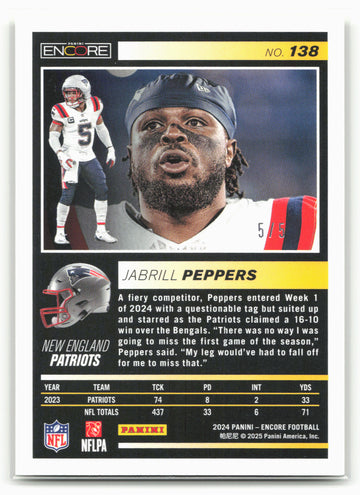 
2024 Panini Encore #138 Jabrill Peppers Neon #/5