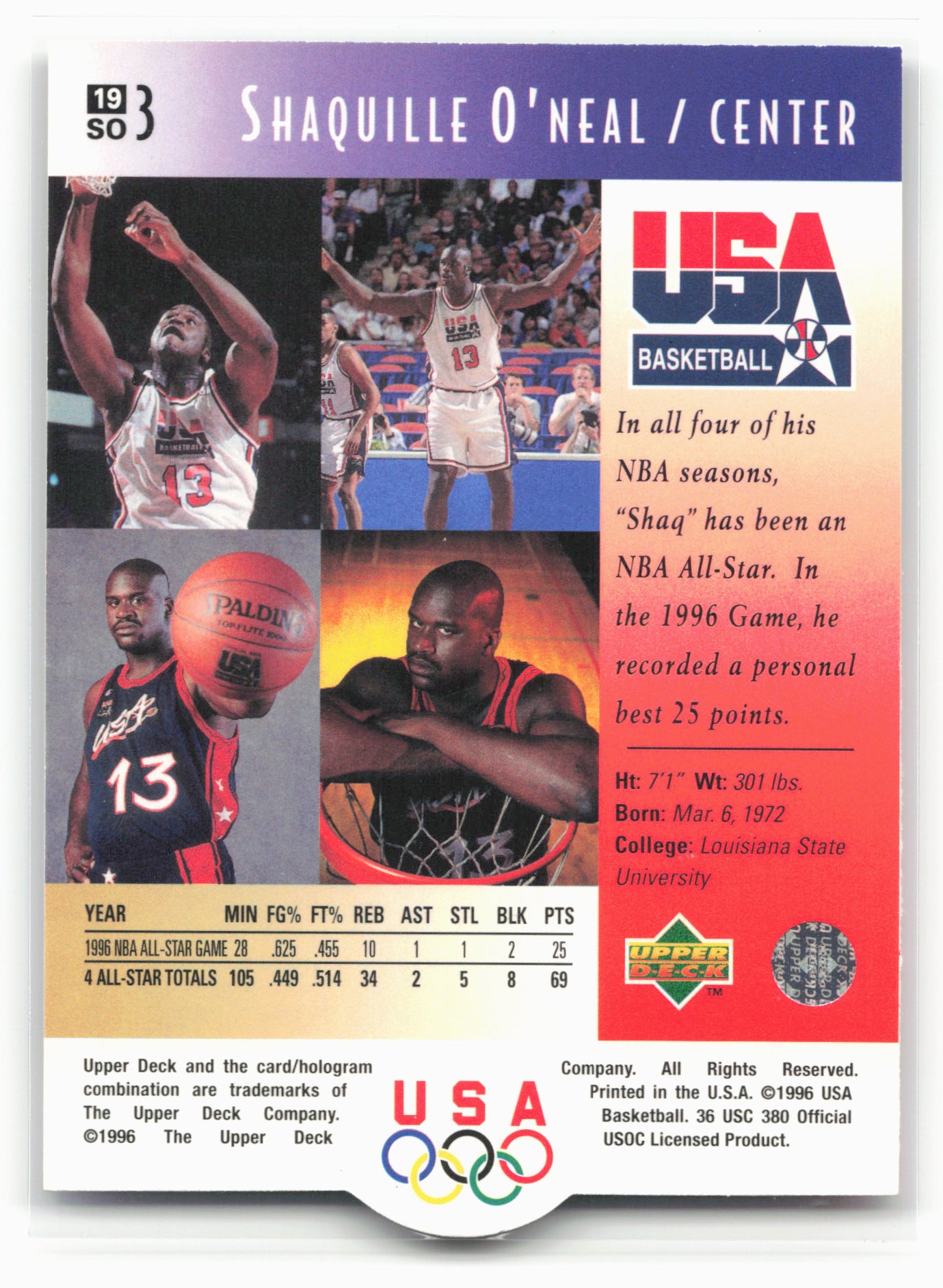 1996 Upper Deck USA #19 Shaquille O'Neal 26153
