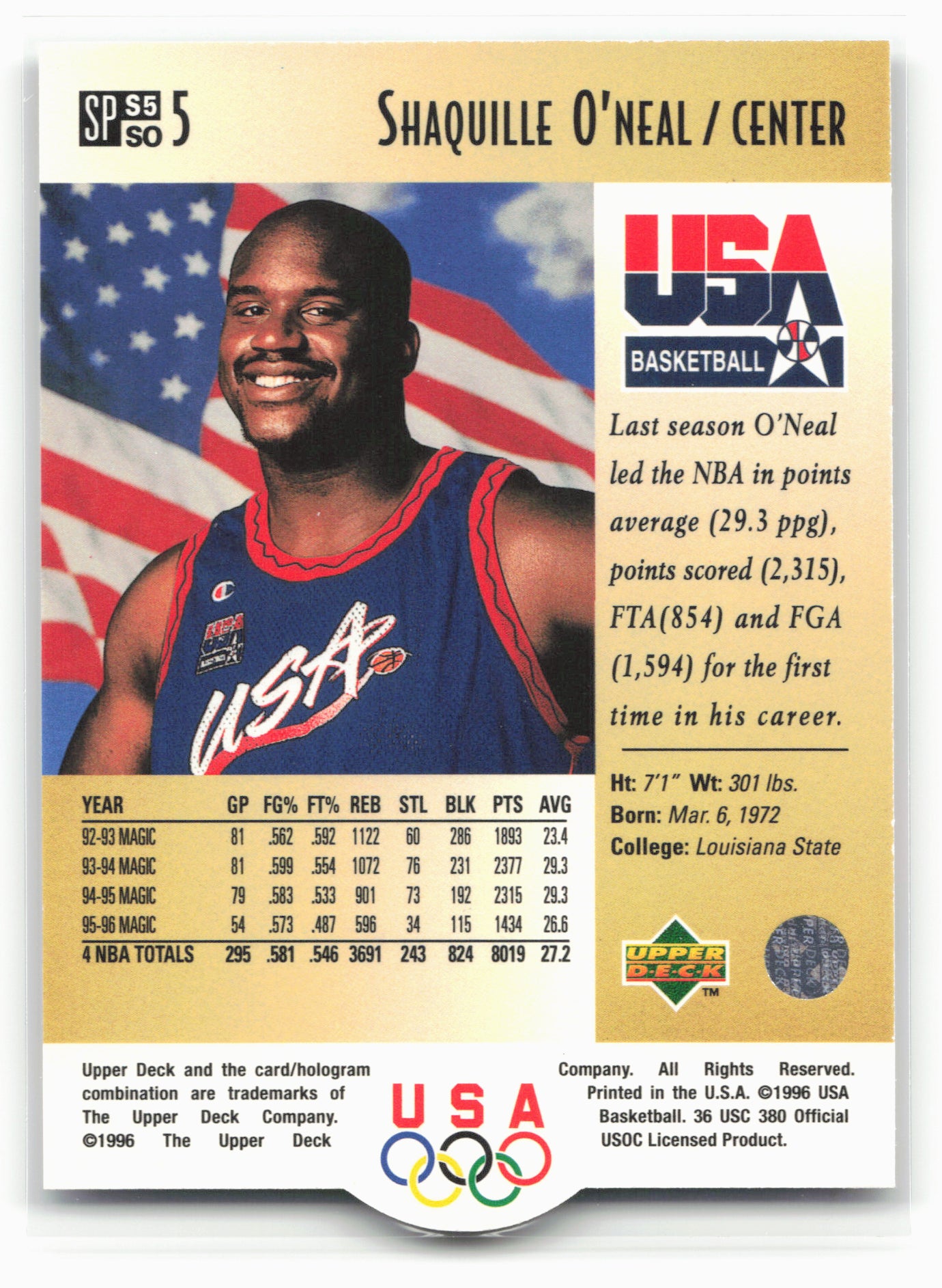 1996 Upper Deck USA #S5 Shaquille O'Neal SP Career Statistics 26154