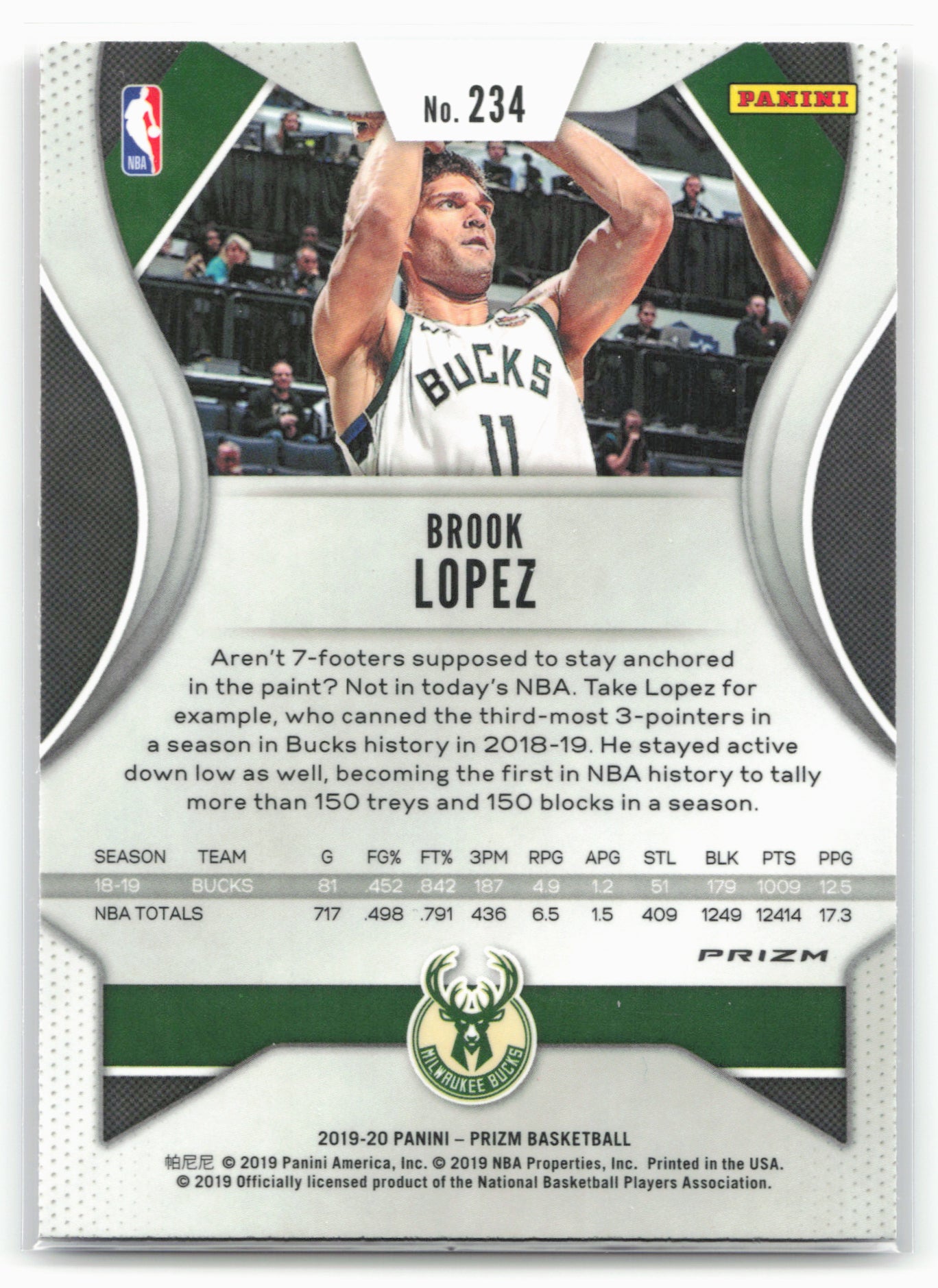2019-20 Panini Prizm #234 Brook Lopez Prizms Red White and Blue