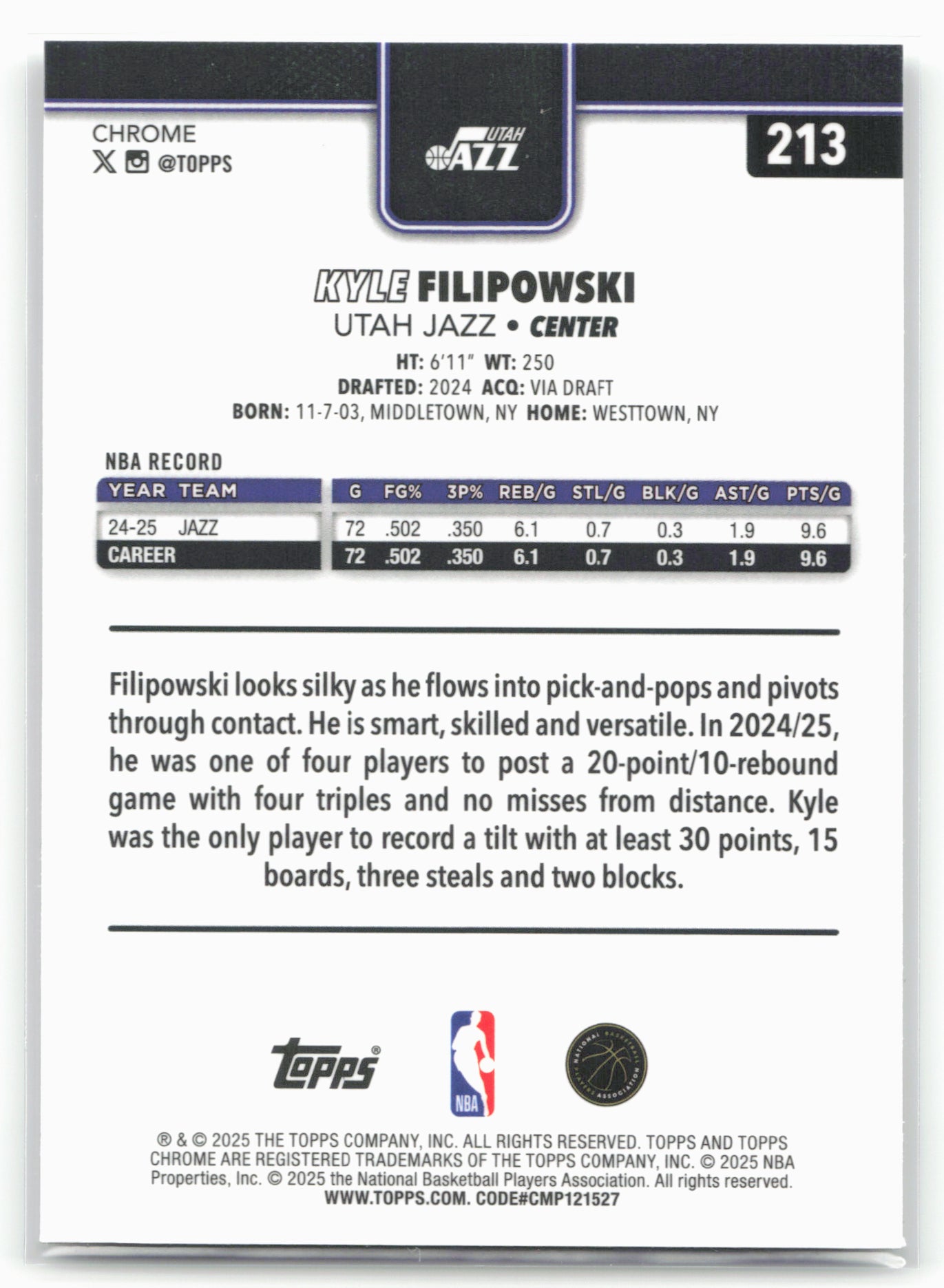2025-26 Topps Chrome #213 Kyle Filipowski 26179