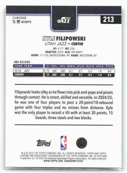 2025-26 Topps Chrome #213 Kyle Filipowski 26179