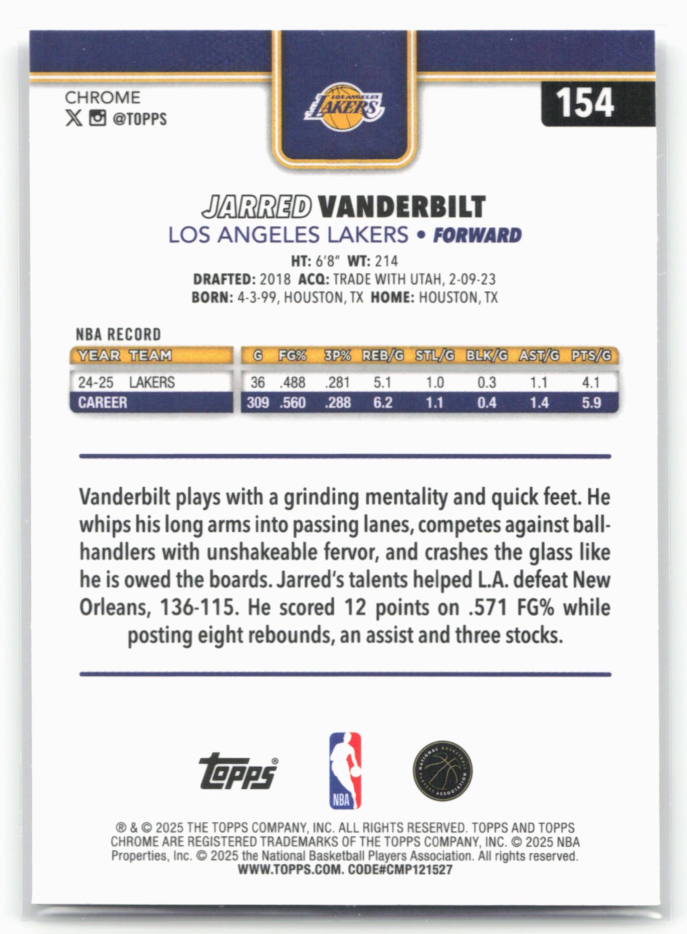 2025-26 Topps Chrome #154 Jarred Vanderbilt 26180