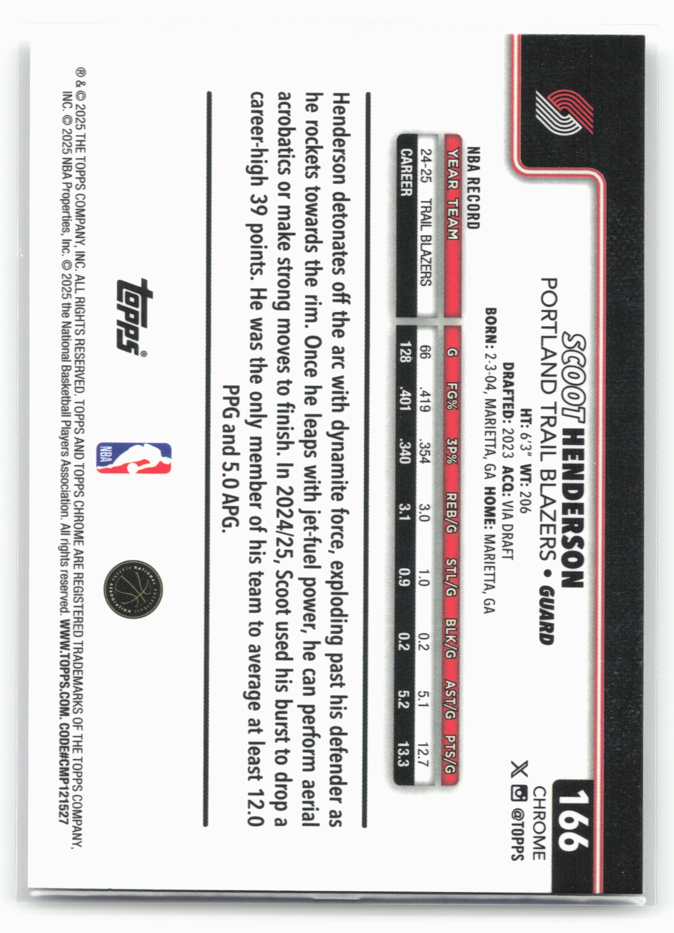 2025-26 Topps Chrome #166 Scoot Henderson 26181