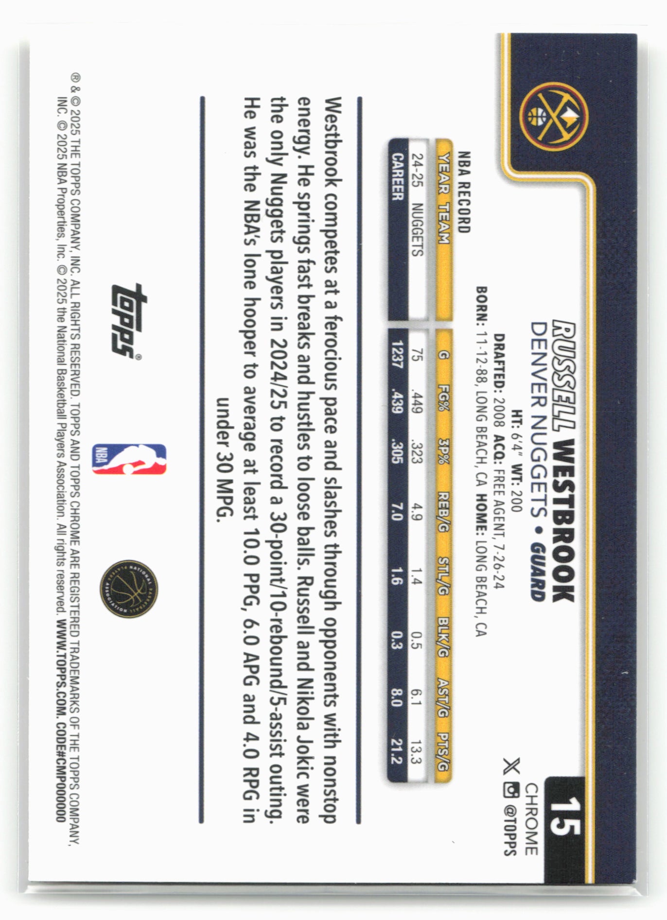 2025-26 Topps Chrome #15 Russell Westbrook Yellow Refractor #/275