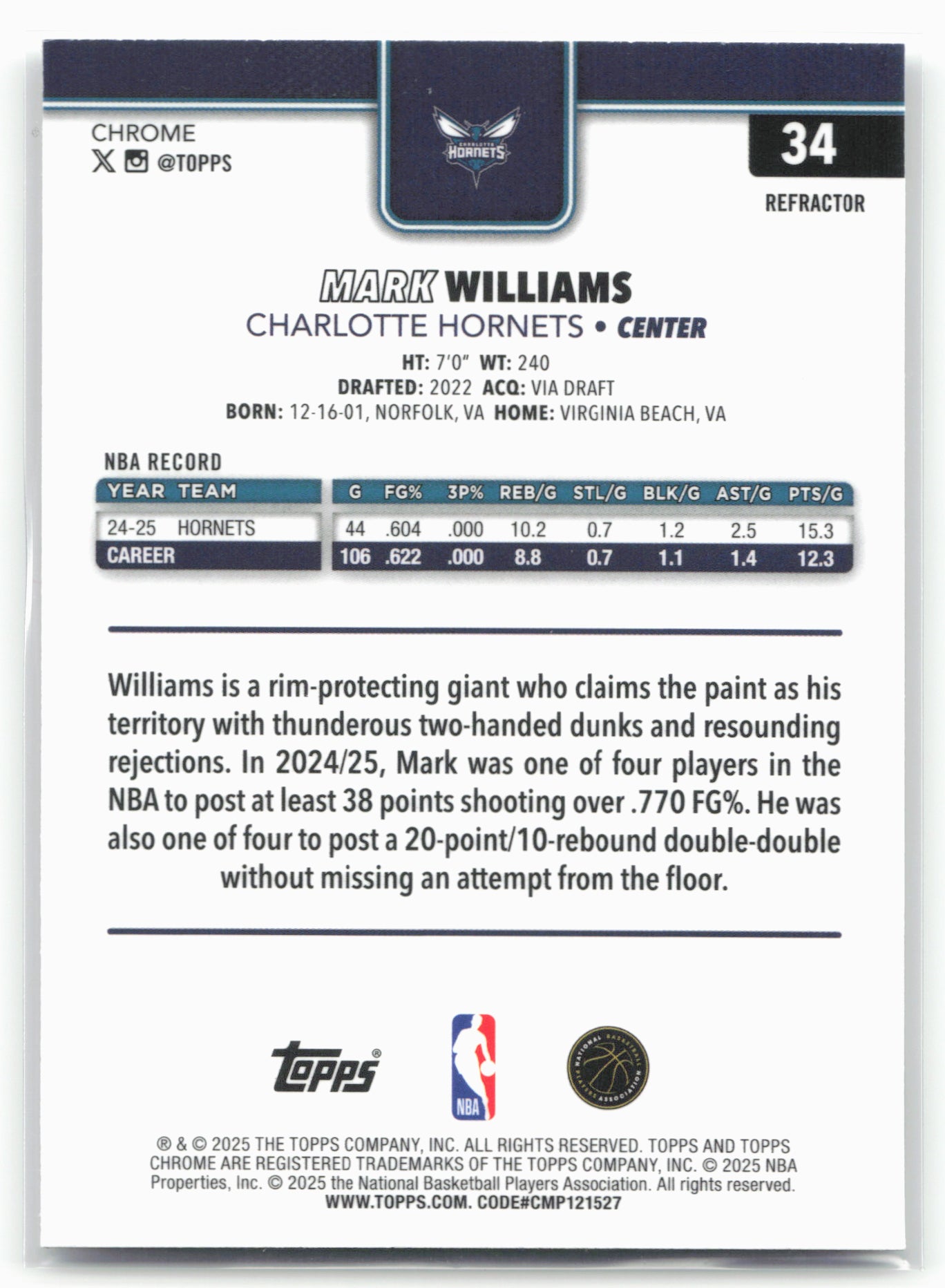 2025-26 Topps Chrome #34 Mark Williams Refractor