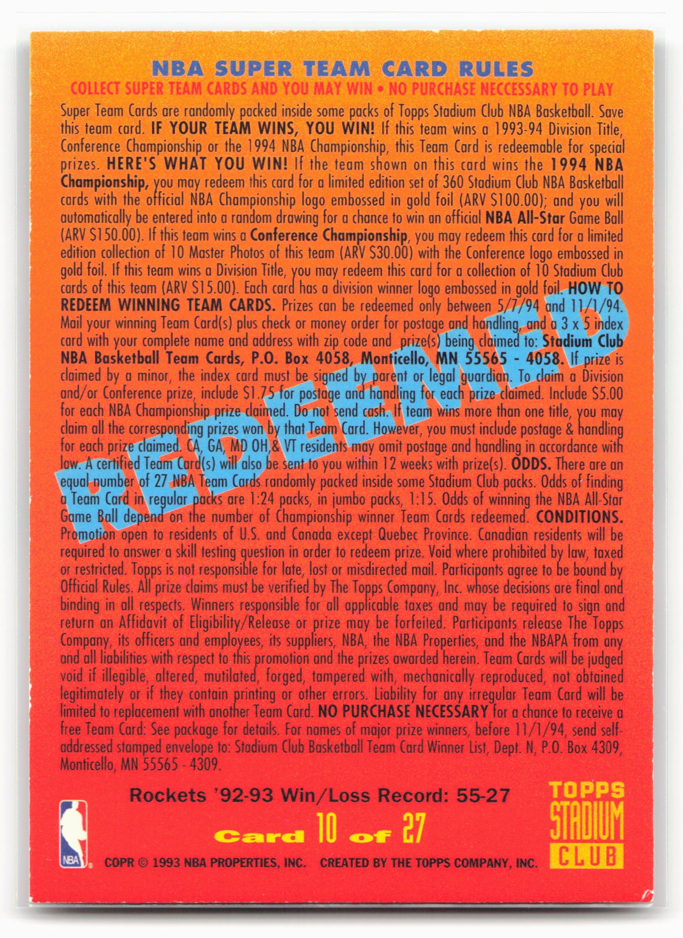 1993-94 Stadium Club #10 Houston Rockets Super Team EXCH 1994 NBA Finals