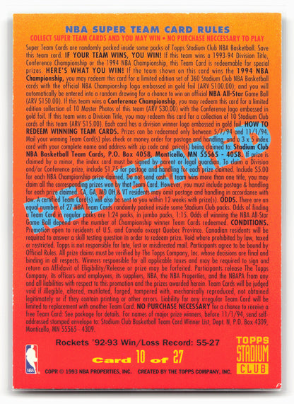 1993-94 Stadium Club #10 Houston Rockets Super Team EXCH 1994 NBA Finals