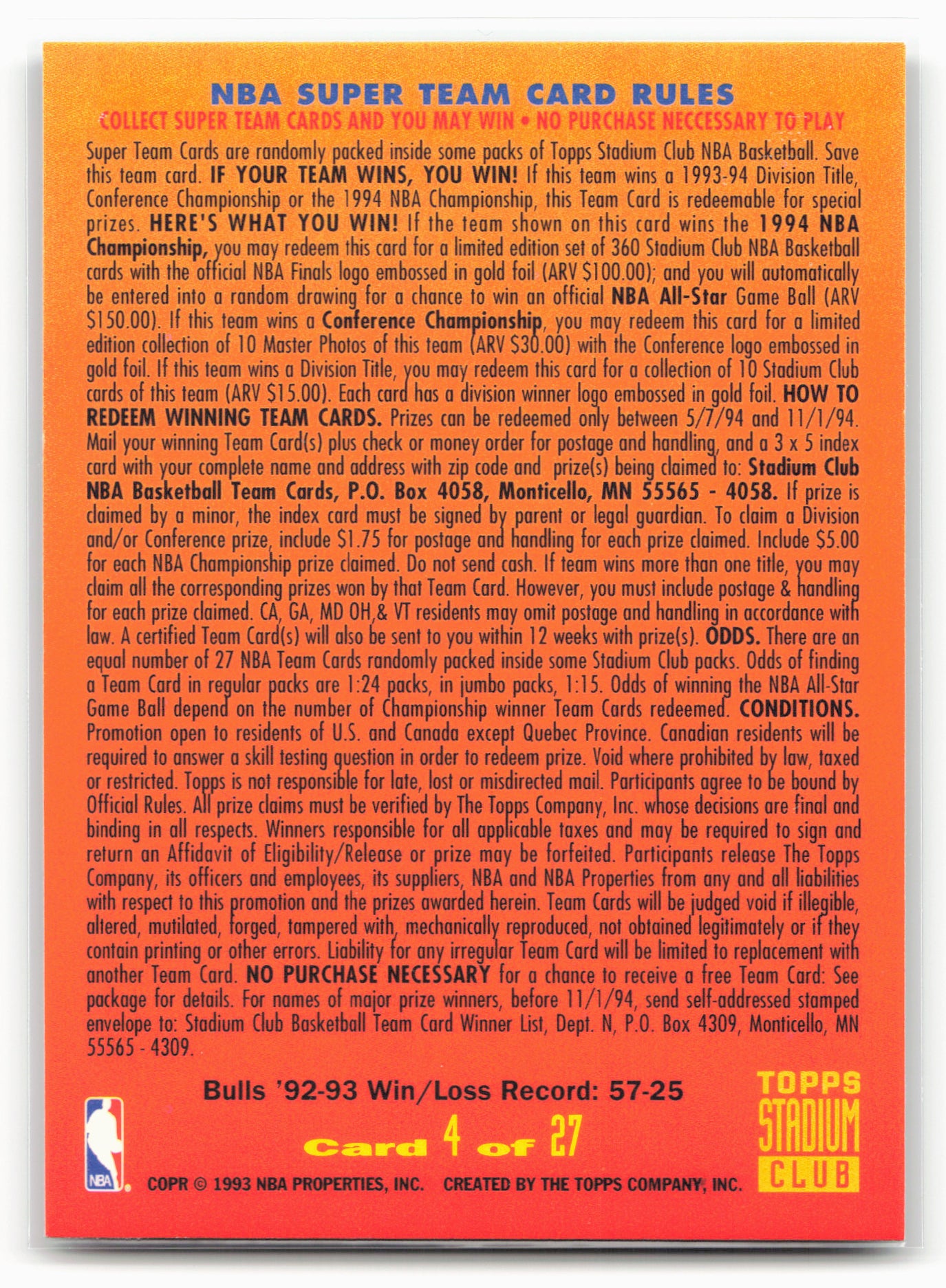 1993-94 Stadium Club #4 Chicago Bulls Super Teams