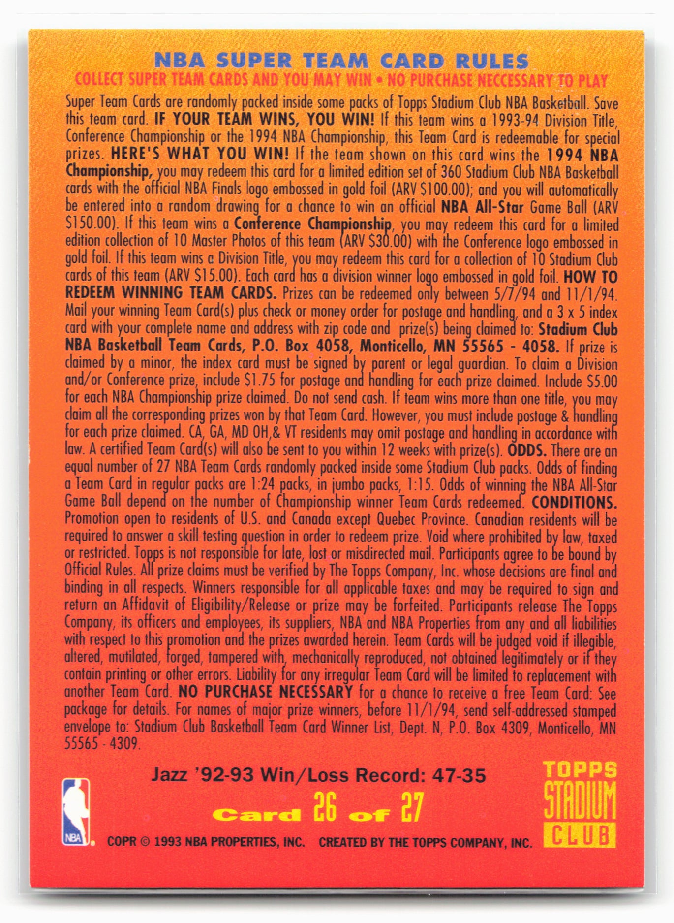 1993-94 Stadium Club #26 Utah Jazz Super Teams