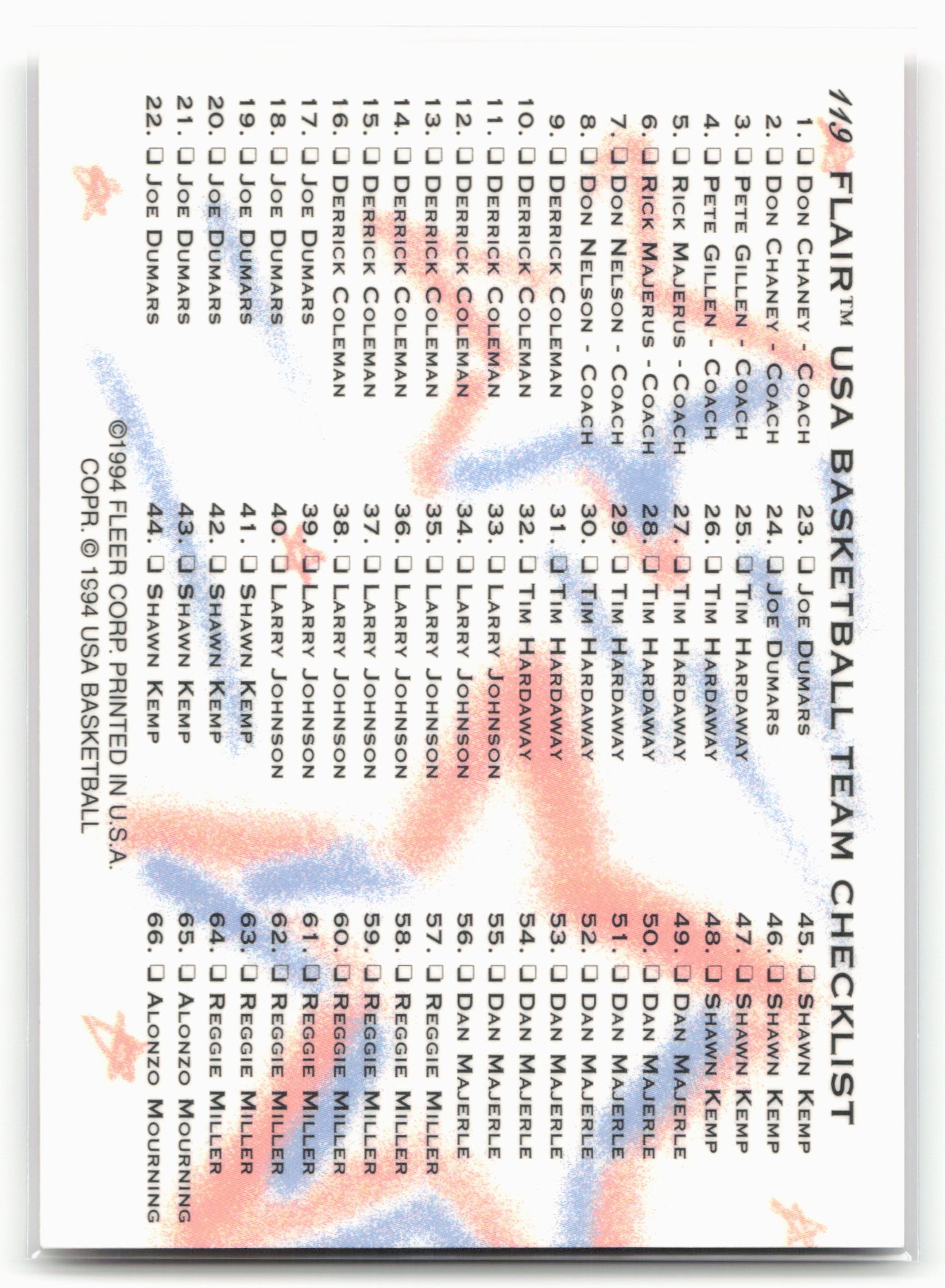 1994 Flair USA #119 Checklist: 1-66 Kevin Johnson Update