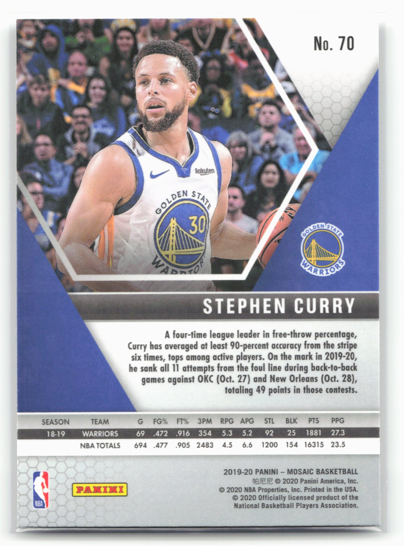 2019-20 Panini Mosaic #70 Stephen Curry