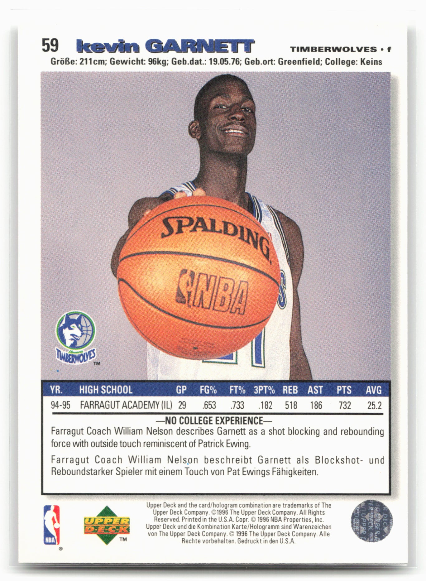 1995-96 Collector's Choice German II #59 Kevin Garnett