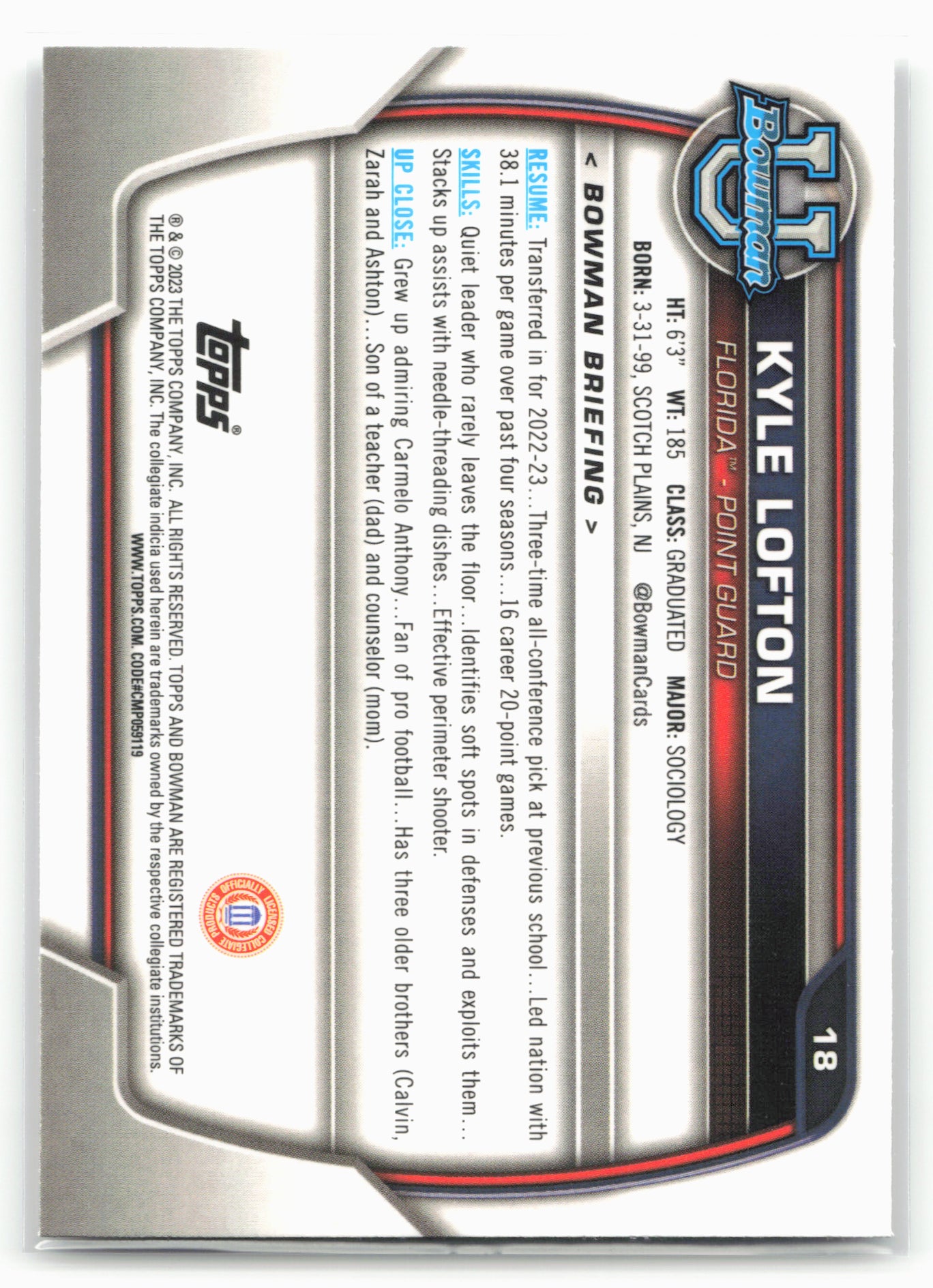 2022-23 Bowman University Chrome #18 Kyle Lofton